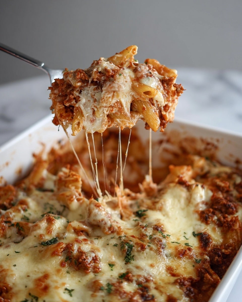 The image shows a white baking dish filled with baked pasta. The dish has several layers visible: at the bottom, there is pasta mixed with a chunky red meat sauce; above that, thick layers of melted cheese cover the pasta, browned in spots from baking, giving a bubbly golden texture; some green herbs are sprinkled lightly throughout. A fork is lifting a portion, with long strings of melted cheese stretching from the dish to the lifted piece, highlighting the gooey texture. The background surface is white marbled. The photo is taken with an iphone --ar 4:5 --v 7