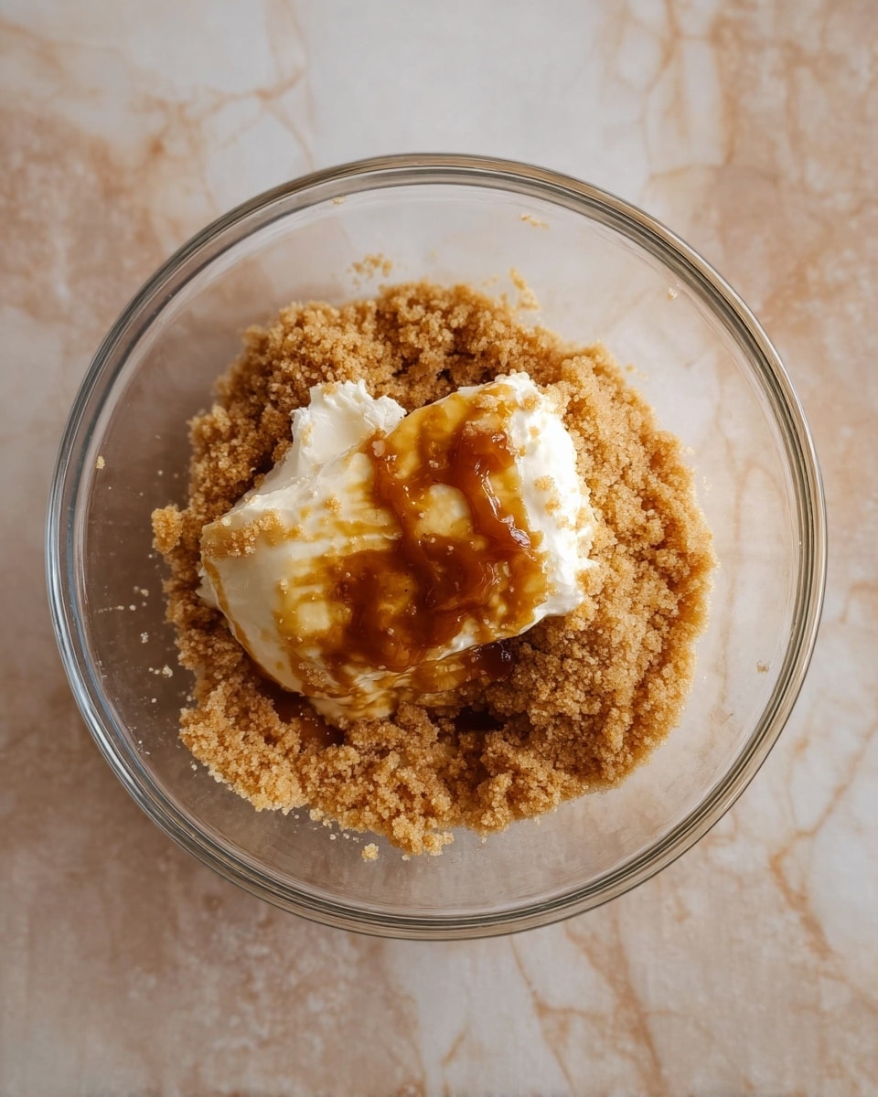 A clear glass bowl is placed on a white marbled surface. Inside the bowl, there are two main layers: a base layer of light brown sugar with a crumbly texture spread unevenly, and on top of it, a thick, slightly melting pat of white butter that has caramel brown syrup drizzled over it, adding a shiny and sticky look. The image is taken from above, showing the texture and colors clearly. photo taken with an iphone --ar 4:5 --v 7