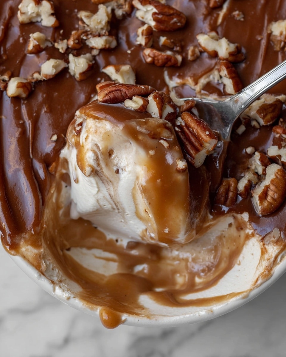 The image shows a close-up of a dessert with three layers. The bottom layer is white, smooth, and creamy. The middle layer is a caramel color mixed softly with the white cream, giving a swirled look. The top layer is thick and dark brown with a glossy, smooth texture, sprinkled with broken pieces of pecans that add rough, woody texture. A spoon is scooping some of the dessert, lifting the creamy and caramel swirled middle and bottom layers. The dessert is in a white bowl placed on a white marbled surface. Photo taken with an iphone --ar 4:5 --v 7