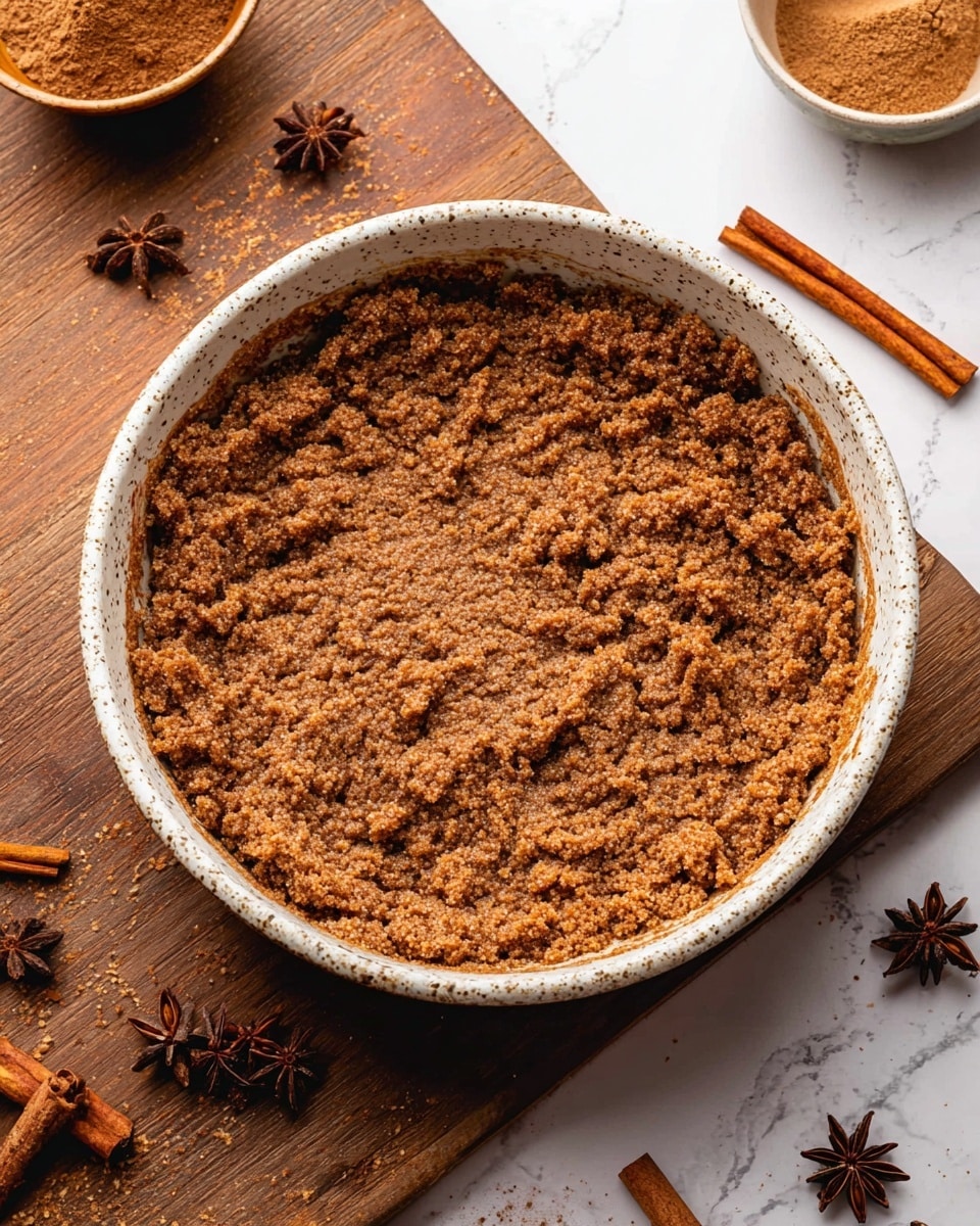 A single round white speckled ceramic bowl filled with a thick, brown textured mixture spread evenly inside. The mixture looks crumbly and moist with rough edges and slight peaks across its surface. Around the bowl on a wooden surface are small bowls and cinnamon sticks with star anise scattered, adding warm brown tones to the scene. The background is a white marbled texture. Photo taken with an iphone --ar 4:5 --v 7