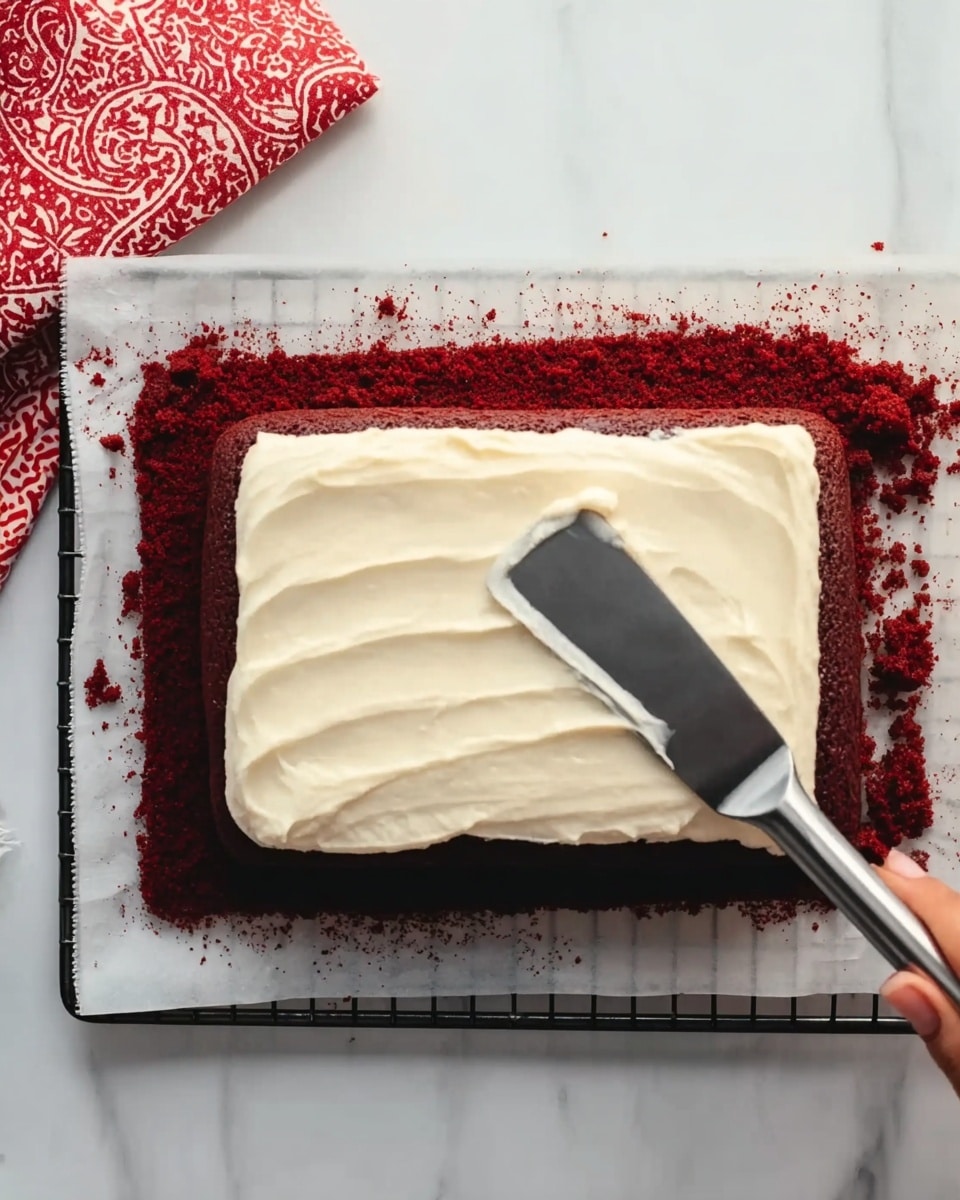 The image shows a rectangular dark red cake layer placed on white parchment paper on a cooling rack, resting on a white marbled surface. A thick layer of creamy white frosting is being spread evenly over the cake using a flat metal spatula held by a woman's hand. The frosting looks smooth and soft, partially covering the top surface of the dark red cake, with some red crumbs scattered around the edges. Nearby, a red and white patterned cloth can be seen in the upper left corner. Photo taken with an iphone --ar 4:5 --v 7