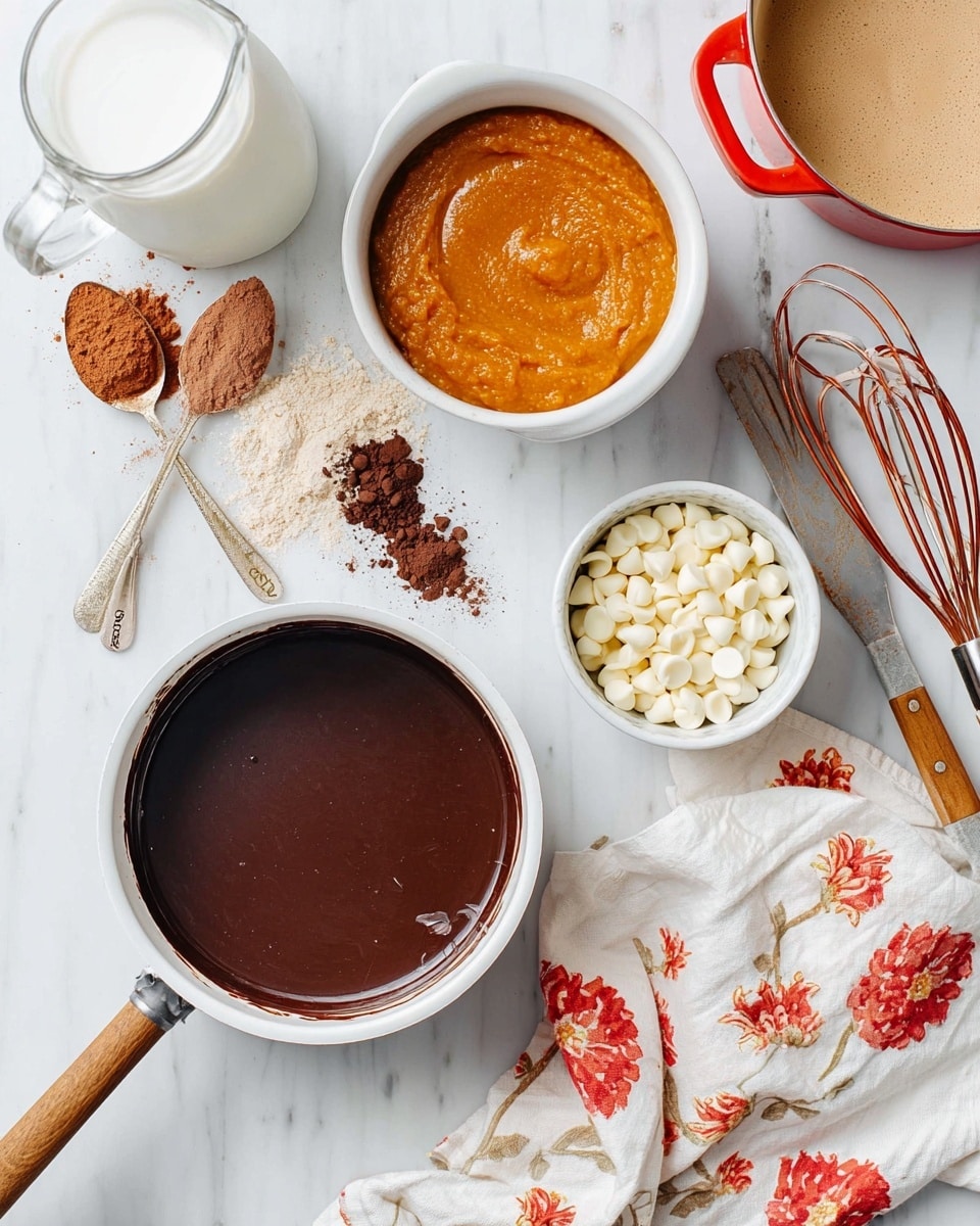 The image shows several cooking ingredients and mixtures arranged on a white marbled surface. At the center bottom, there is a white pan filled with a smooth, shiny dark chocolate mixture. Above it to the right, a small white cup holds many white chocolate chips, some scattered nearby. To the left, two spoons with brown and beige powders rest on the surface with some spills around them. Above the spoons, a glass jug contains a white liquid, likely milk. Next to the jug, a white bowl holds a thick orange puree with a slightly textured surface. In the top right corner, a red saucepan with a wooden handle contains a creamy, light brown mixture and a copper and wood whisk lies nearby. A piece of white cloth with a red floral pattern is placed at the bottom right corner. Photo taken with an iphone --ar 4:5 --v 7