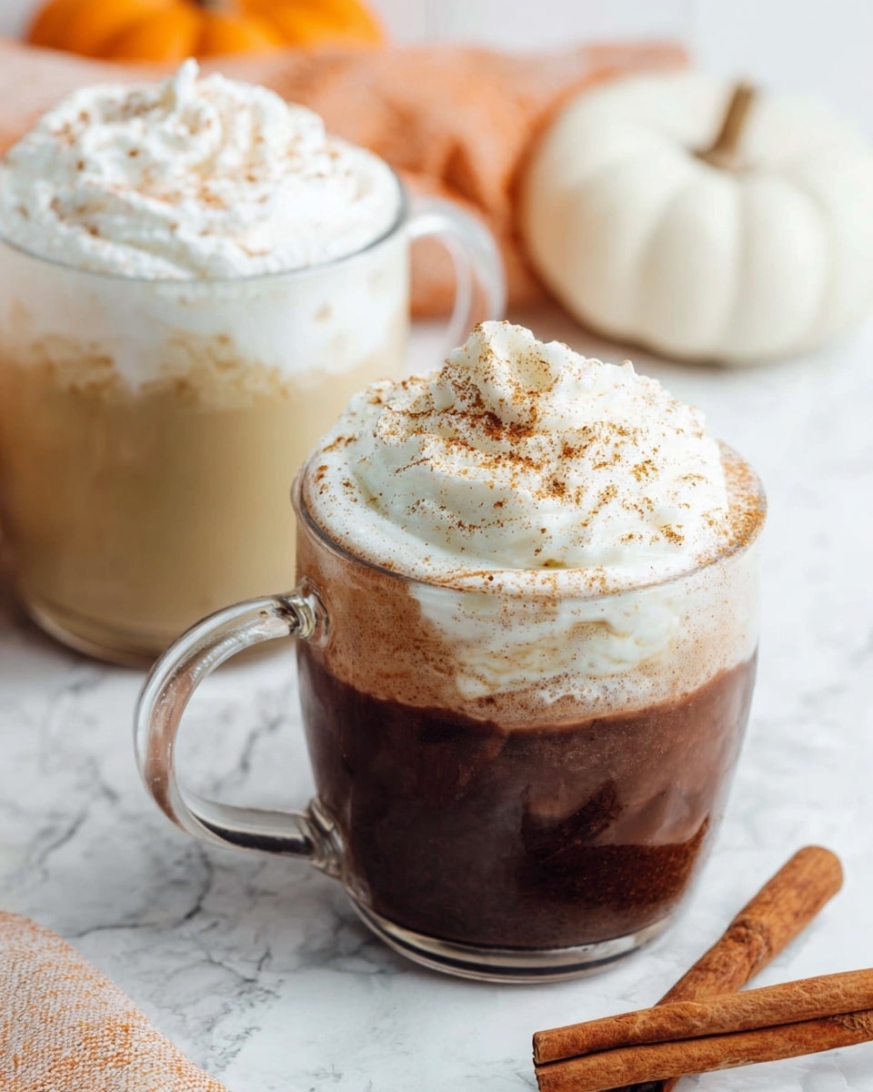 In the image, there are three clear glass mugs filled with drinks, all placed on a white marbled surface. The first mug in the front has a dark brown drink topped with a thick layer of white whipped cream sprinkled with cinnamon powder. Behind it, the second and third mugs contain a light beige drink, also topped with whipped cream and sprinkled with cinnamon. Cinnamon sticks lie on the surface near the front mug. The background includes blurred pumpkins and a patterned cloth with orange and white colors. Photo taken with an iphone --ar 4:5 --v 7
