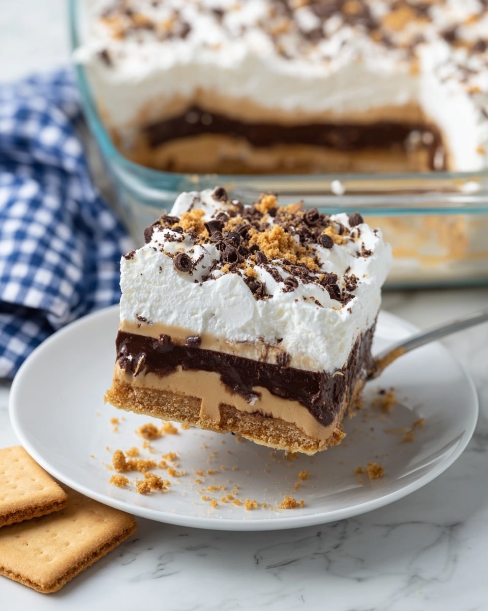 A square slice of layered dessert is shown being lifted above a white plate, with the remaining dessert in a clear glass dish in the background on a white marbled surface. The dessert has four visible layers: the bottom layer is a thick, crumbly light brown crust; above it is a smooth, creamy tan layer; next is a thinner, dark chocolate layer; and the top layer is a thick, fluffy white whipped topping sprinkled with small chocolate shavings and crumbs. A blue and white checked cloth is partly visible in the background next to the glass dish, and two light brown square-shaped cookies are placed on the surface near the plate. The scene is bright and clear, photo taken with an iphone --ar 4:5 --v 7