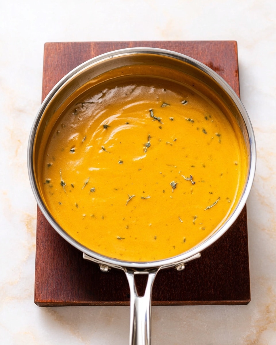 A shiny silver pan filled with thick smooth orange sauce with some small green herb bits mixed inside. The pan sits on a dark wooden trivet placed on a white marbled surface. The sauce has a creamy texture with a few tiny bubbles and streaks on the surface. The long silver handle of the pan extends outward from the bottom center of the image. Photo taken with an iphone --ar 4:5 --v 7