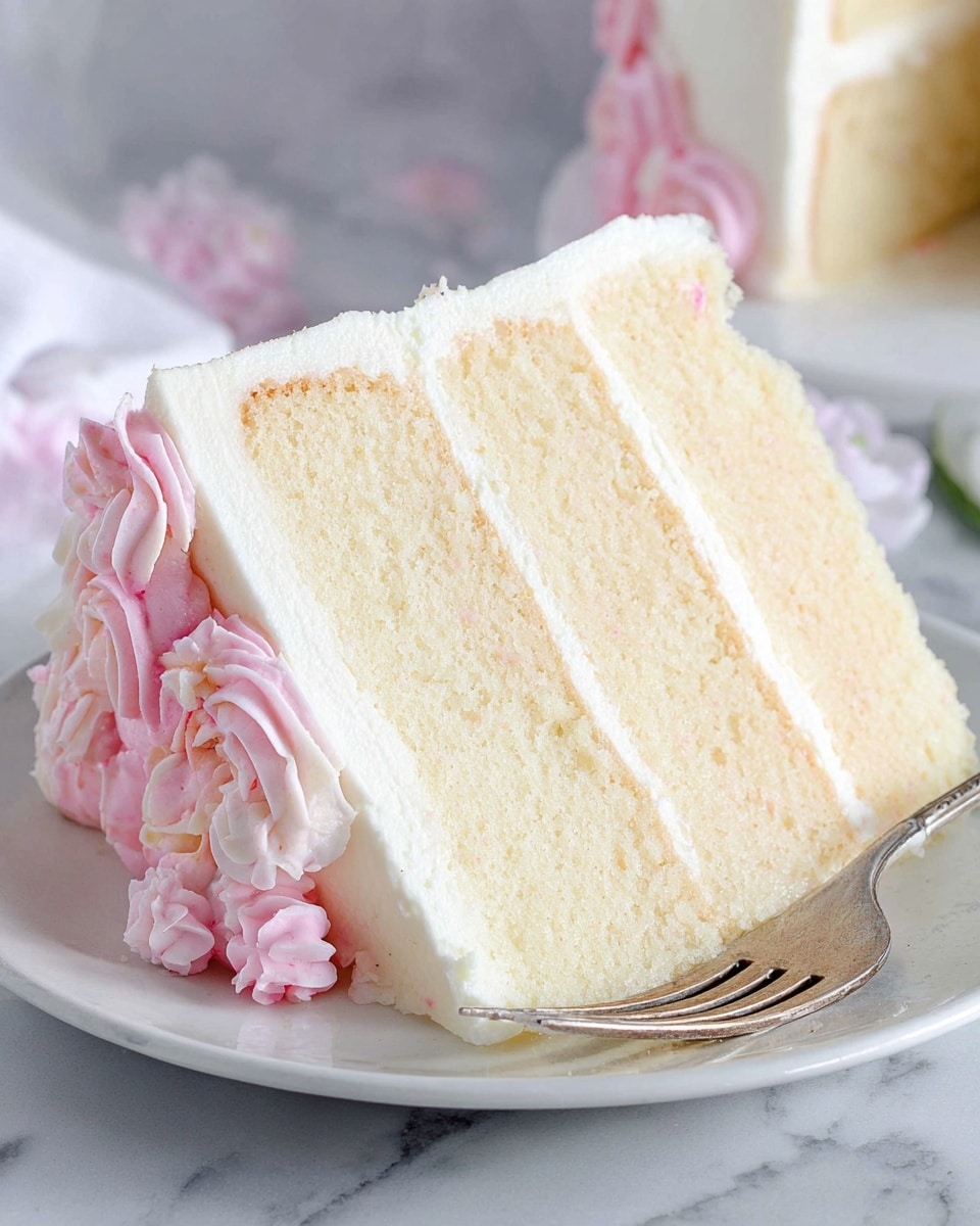 A slice of three-layer white cake with light, fluffy texture sits on a white plate. Each layer of pale yellow cake is separated by smooth white frosting. The outside is coated in white frosting with soft pink frosting decorations along the side and top edge. A silver fork is placed near the bottom right of the slice, resting on the plate. The background is a soft white marbled surface. Photo taken with an iphone --ar 4:5 --v 7