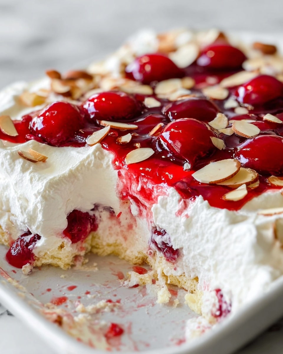 A close-up of a dessert with three visible layers in a white bowl set on a white marbled surface. The bottom layer is made of light, soft cake soaked with red cherry sauce. The middle layer is thick white whipped cream, smooth and fluffy. The top layer is another thick spread of whipped cream, decorated with whole bright red cherries covered with glossy red cherry sauce and scattered thin slices of almonds. A piece of the dessert is missing from the bowl, showing the inside layers clearly. Photo taken with an iphone --ar 4:5 --v 7