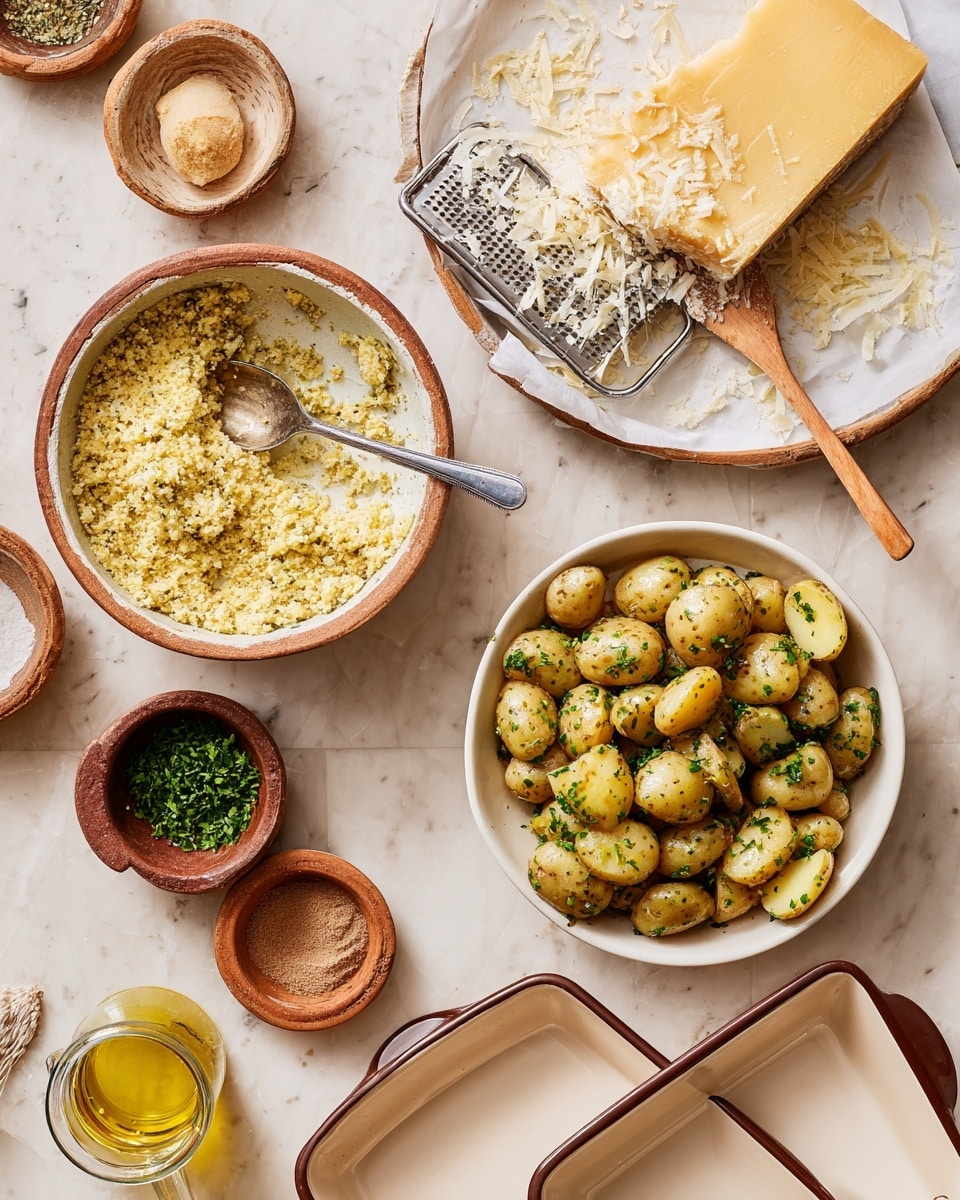 The image shows a table with several items prepared for cooking. In the bottom right, there is a white bowl filled with halved baby potatoes covered in green herbs. Above it, a white shallow plate holds a block of pale yellow cheese with a grater partially covered in cheese shavings. To the left, another white bowl contains a coarse, yellowish mixture with a metal spoon inside. Surrounding these bowls are small dishes, one with green herbs and another with a light brown powder, a brown bowl with a darker brown powder and a wooden spoon, an empty white rectangular baking dish with brown edges and handles, and a small jar with yellow liquid. The surface is a white marbled texture. Photo taken with an iphone --ar 4:5 --v 7