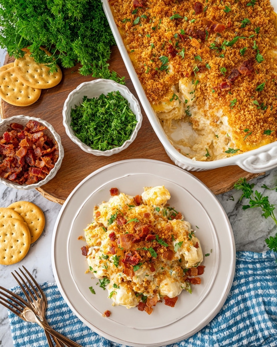 The image shows a white plate with a serving of a creamy casserole that has two main layers: a soft, light yellow cheesy layer mixed with chunks of white pieces, topped with a golden-brown crunchy crumb layer sprinkled with small green parsley bits and small red bacon pieces. Next to the plate, there is a white casserole dish filled with more of the same dish with a thick golden-brown crunchy top. Around the plate, on a wooden surface, there are fresh green parsley bunches, a small white dish filled with crispy bacon bits, another small white dish with green herbs, and a stack of round golden crackers. Two forks rest on a blue and white checkered cloth near the bottom left corner. The whole scene is set on a white marbled texture surface. photo taken with an iphone --ar 4:5 --v 7