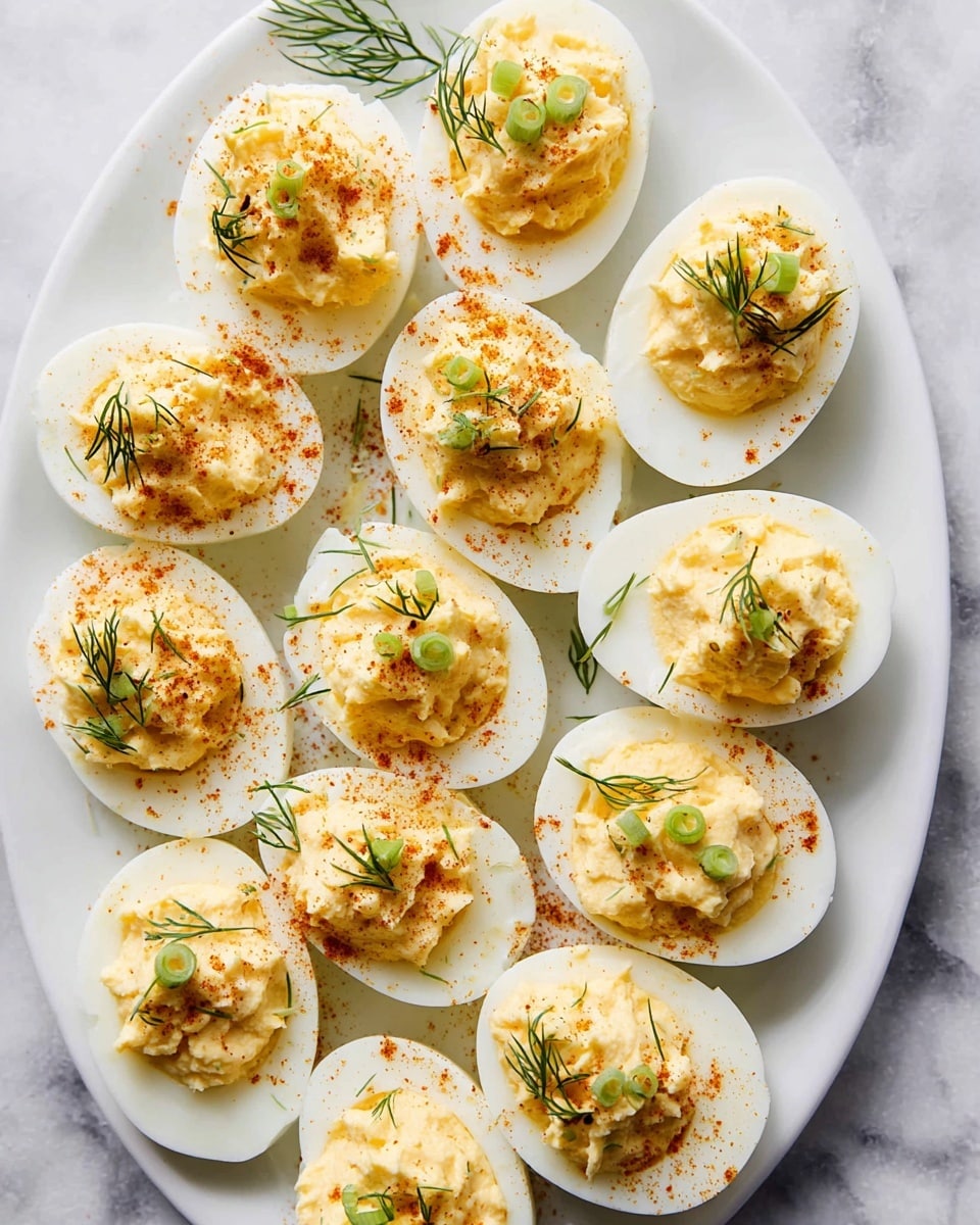 A white oval plate with twelve halved boiled eggs arranged close together, each egg white half filled with a creamy, pale yellow yolk mixture that looks soft and smooth. The filling is sprinkled lightly with a reddish powder, likely paprika, and topped with small green herb bits—some with dill sprigs and others with small pieces of green onion. The plate sits on a white marbled background, enhancing the light colors of the dish. photo taken with an iphone --ar 4:5 --v 7