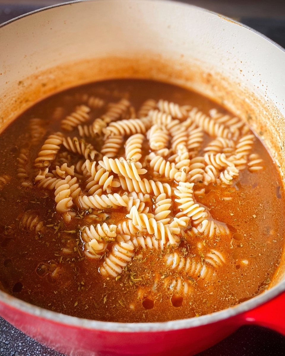 A white pot with red edges holds a cooking scene where spiral pasta is being added on top of a simmering, reddish-brown broth with visible herbs and spices floating in it. The liquid layer has a shiny, slightly oily texture and surrounds the pasta, which appears dry and uncooked, resting at the top center of the pot. The inner white walls of the pot show splashes of the thick broth, giving a sense of action and heat. Photo taken with an iphone --ar 4:5 --v 7