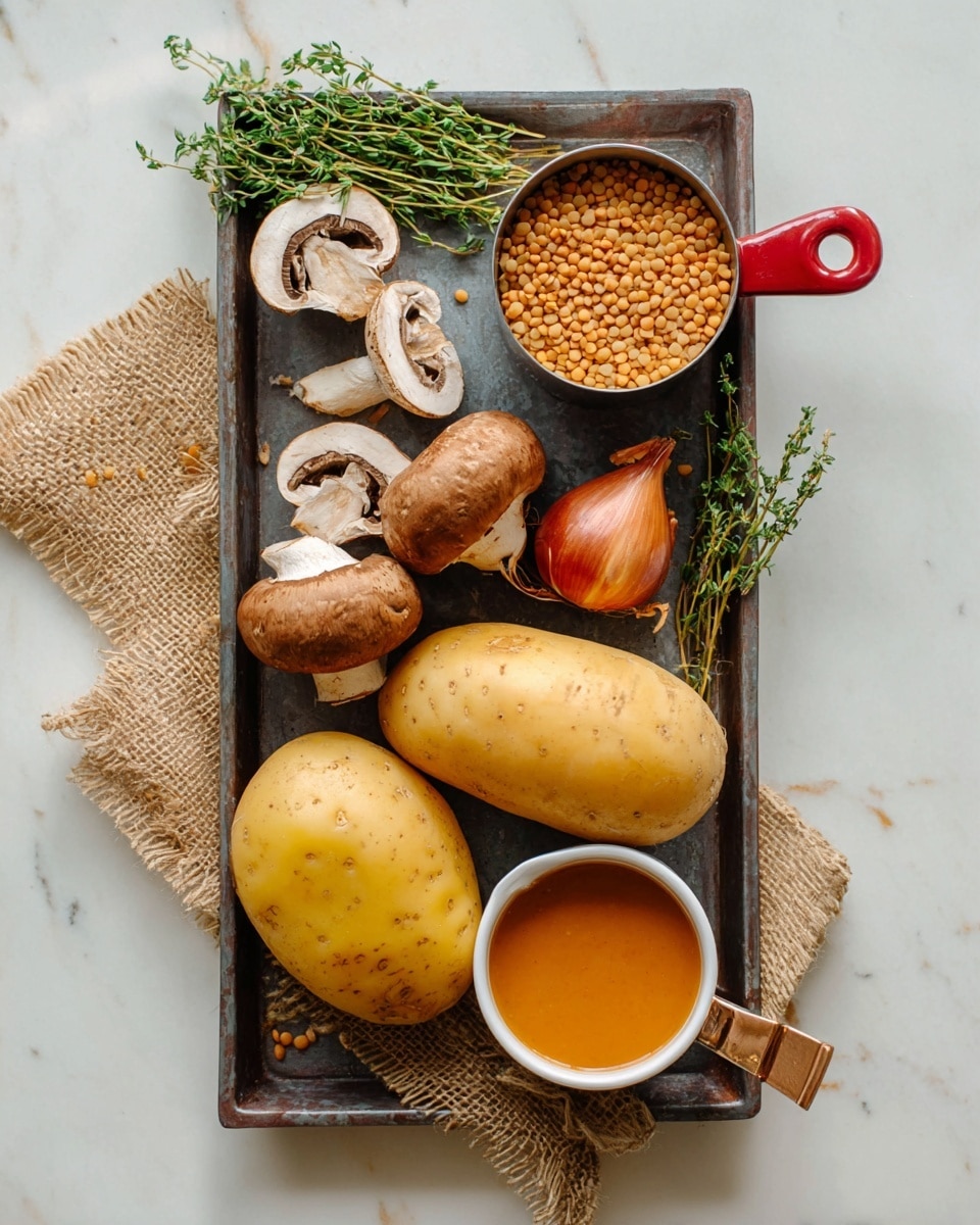 A long dark rectangular tray on a white marbled surface holds a variety of ingredients, including two whole yellow potatoes with brown skins positioned near the bottom center and right, one partially peeled with smooth pale yellow flesh visible. Near the potatoes are two small shallots with shiny reddish-brown skins, placed close together. Near the top left are three mushrooms, one cut in half showing creamy white inside with dark brown caps, and fresh green thyme sprigs lay scattered on the tray's upper left side. A small metal cup with a red handle on the right side is filled with light brown lentils. At the bottom right of the tray is a small white ceramic cup containing a thick orange sauce. A piece of burlap fabric is placed under the tray’s top and bottom edges. Photo taken with an iphone --ar 4:5 --v 7