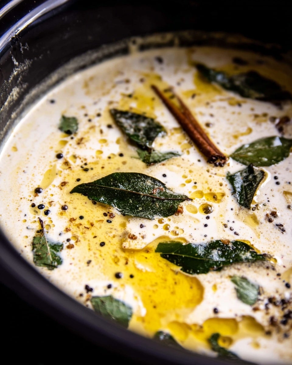 The image shows a close-up of a creamy sauce cooking in a black pot. The sauce is pale yellow and white with a smooth, slightly thick texture. Dark green curry leaves and small black mustard seeds float on the surface, along with oil droplets that form shiny golden patches around the edges. A cinnamon stick partially sticks out from under the creamy layer. The black pot contrasts with the light colors of the sauce and spices. photo taken with an iphone --ar 4:5 --v 7