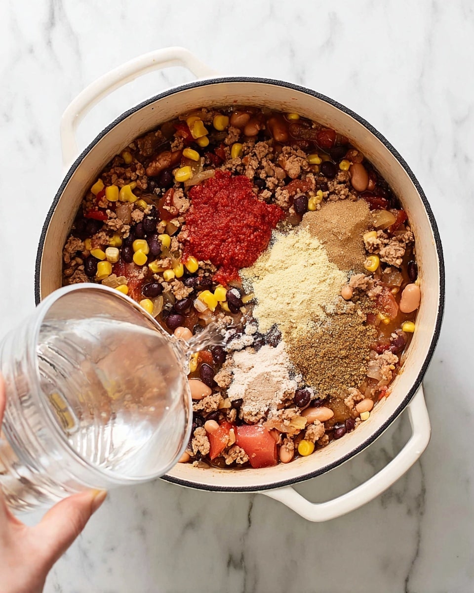 A white pot filled with a colorful mix of ground meat, black beans, pinto beans, corn kernels, diced tomatoes, and onions, all visible as the base layer. On top of this mix, there are three distinct piles: a bright red tomato paste, a beige powder, and a brown powder closely grouped in the center-right area. A clear liquid is being poured into the pot by a woman's hand holding a transparent cup at the bottom left of the image. The pot sits on a white marbled surface. photo taken with an iphone --ar 4:5 --v 7