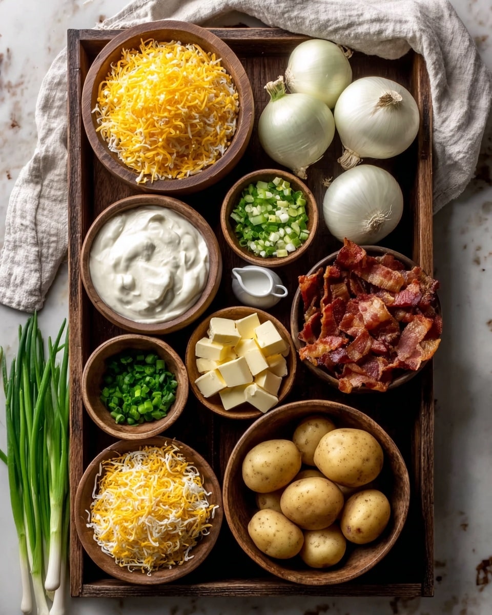 A wooden tray filled with various ingredients arranged neatly in small wooden bowls on a white marbled surface, featuring yellow shredded cheese in two separate bowls, small cubes of butter, finely chopped green onions in two bowls, a whole head of garlic, whole small potatoes clustered in the center, cooked crispy bacon pieces in a large bowl, sour cream in a larger bowl, three small white onions on a white cloth, and a small pitcher of milk. Photo taken with an iphone --ar 4:5 --v 7