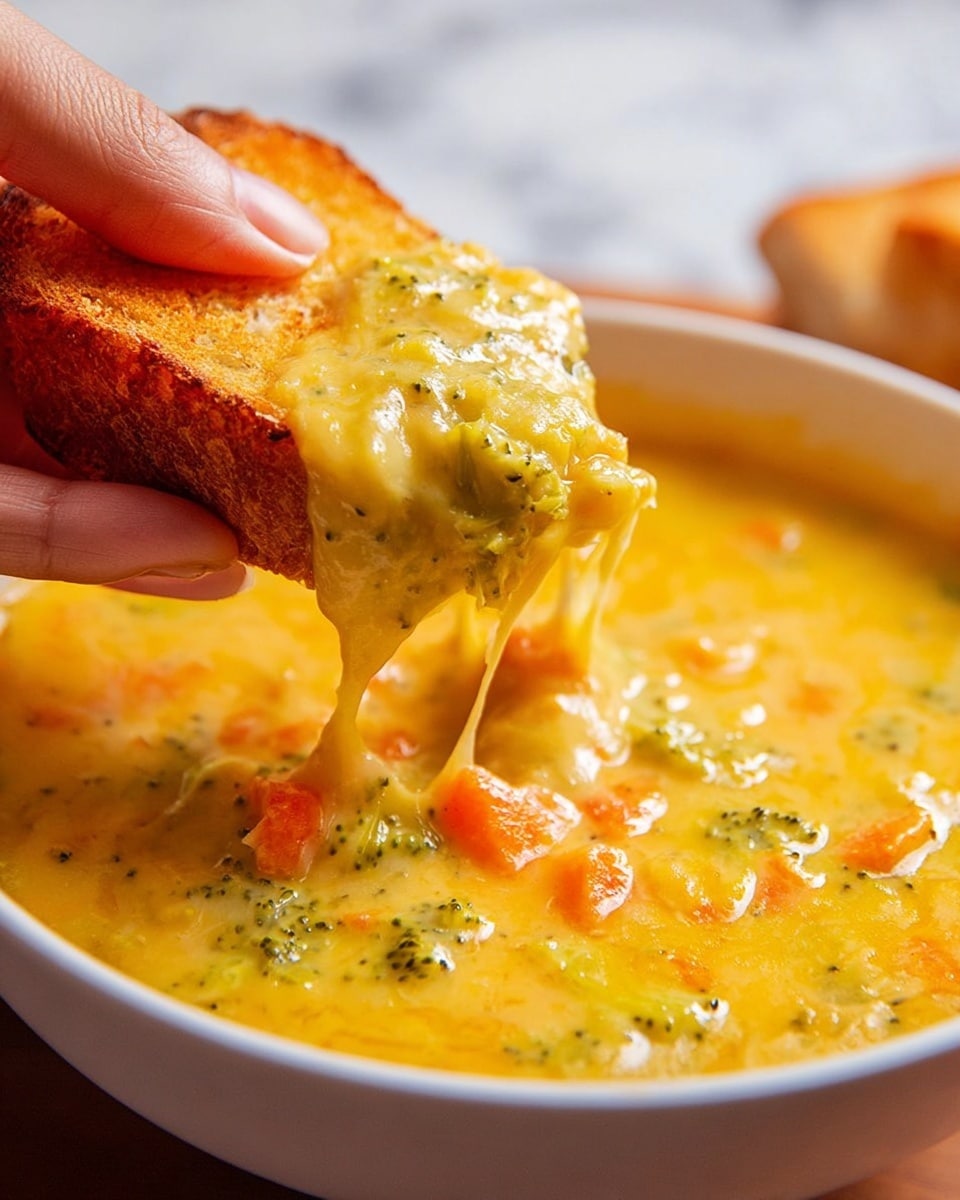 A white bowl filled with thick, creamy cheese soup that has a rich yellow-orange color; visible inside the soup are bits of green broccoli and small orange carrot pieces, adding texture and color variation. A woman's hand holds a toasted slice of bread covered in melted cheese mixed with the soup, showing stretchiness and gooey textures as it lifts from the bowl. The scene is set on a white marbled surface, enhancing the warm and comforting feel of the dish. photo taken with an iphone --ar 4:5 --v 7