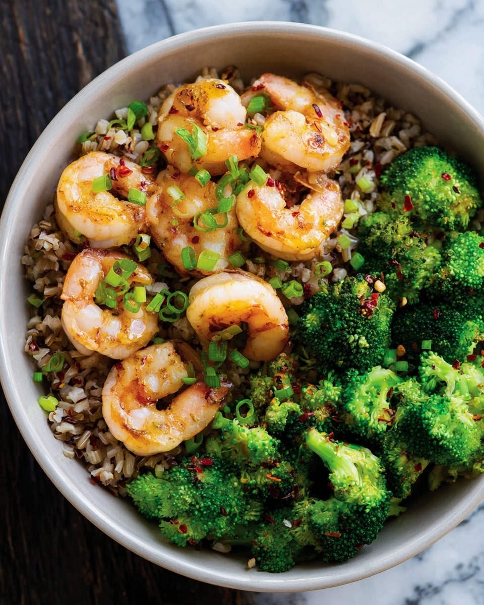 The dish shows a white bowl filled with three layers: the bottom layer is a mix of cooked wild rice with light and dark brown grains; on the right upper side are bright green broccoli florets with a slightly rough texture; and the front left side is covered with several cooked shrimp, which are light orange and pink with curled tails, sprinkled with small chopped green onions and red pepper flakes. The bowl sits on a white marbled surface. Photo taken with an iphone --ar 4:5 --v 7