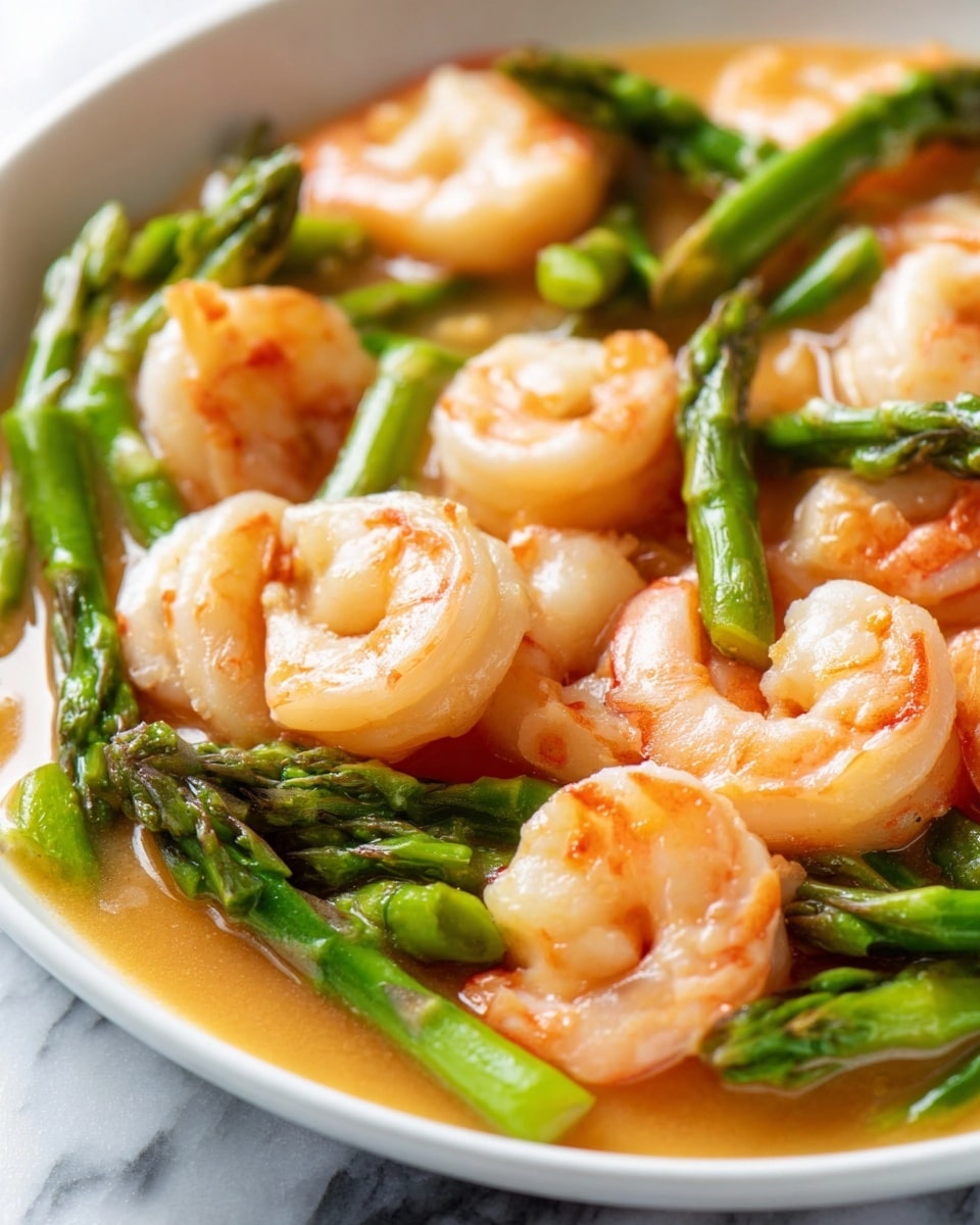 This close-up image shows a dish with two main layers: plump, pale pink shrimp with slight orange accents curling in shape on top, and vibrant green asparagus pieces scattered evenly around them. The shrimp have smooth, firm textures with a glossy finish, while the asparagus stalks are bright and fresh-looking, some tips pointing upward. These ingredients sit in a light, orange-tinted sauce that pools softly around them. The whole dish is inside a white bowl. The background is a white marbled surface. Photo taken with an iphone --ar 4:5 --v 7