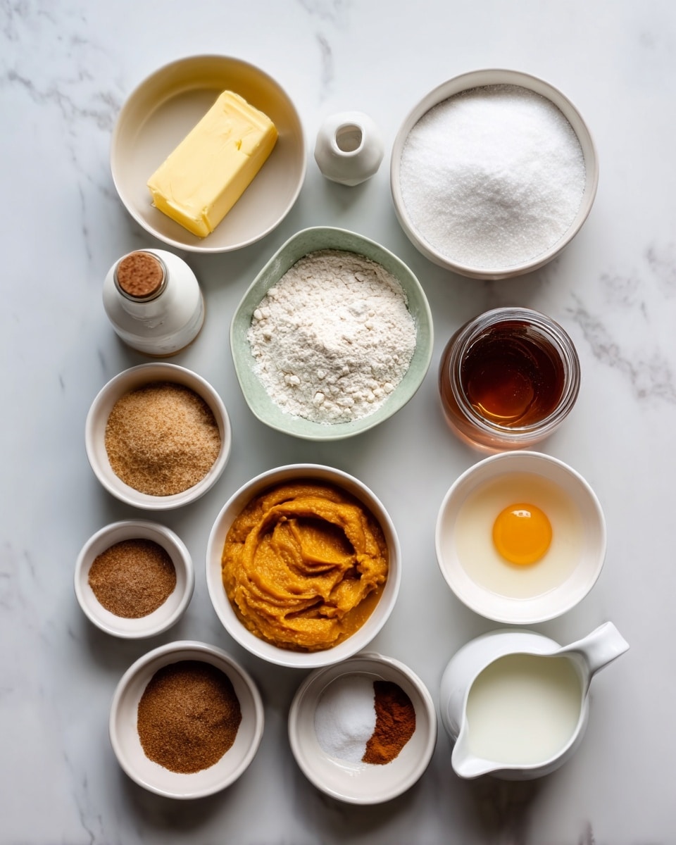 The image shows eleven small white bowls and a small white pitcher arranged closely on a white marbled surface. In the top row, there is a bowl with a yellow block of butter on the left and a bowl filled with white sugar on the right. Below them, from left to right, there are bowls with white flour, a small bottle with white salt, a jar with dark amber liquid, and a bowl with smooth orange pumpkin puree. In the middle row, there is a bowl with light brown sugar, a bowl with a raw egg showing the bright yellow yolk in clear egg white, and a bowl with coarse white sugar. At the bottom, there are three small bowls with mixed brown spices, cinnamon powder, and a small white pitcher filled with white milk. The bowls are placed neatly on the smooth white marbled surface. photo taken with an iphone --ar 4:5 --v 7
