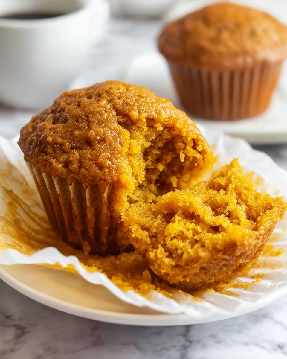 The image shows a close-up of a golden brown muffin with a slightly rough and moist texture on a white plate with its paper wrapper partially removed. The muffin has one piece broken off, revealing a soft, crumbly inside with a warm orange-brown color. Behind it, there is another whole muffin, slightly blurred. In the background, part of a white cup, partially out of focus, sits on a white marbled surface. The light is bright and natural, highlighting the muffin’s moist texture, photo taken with an iphone --ar 4:5 --v 7
