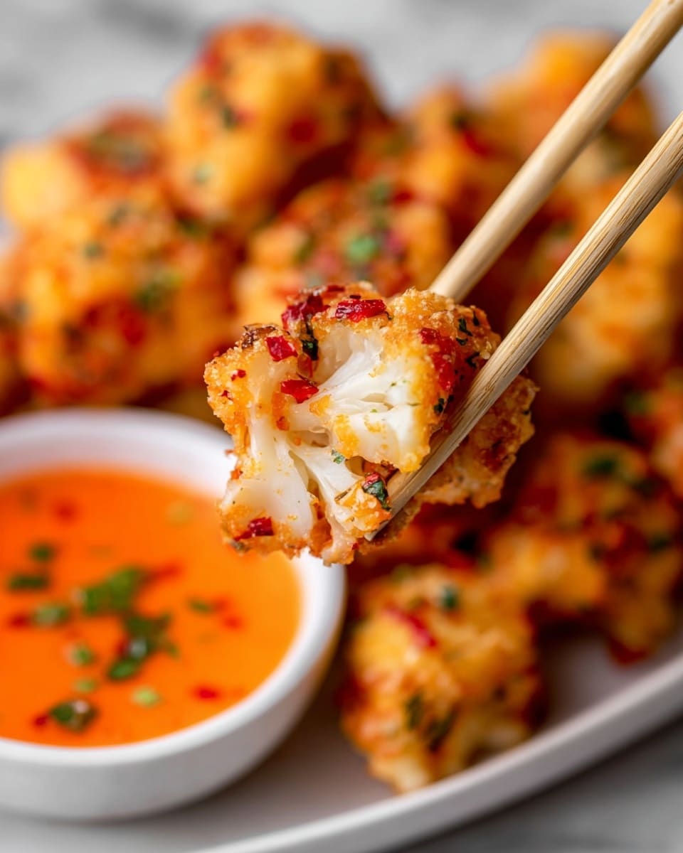 A close-up of a piece of fried cauliflower held by wooden chopsticks, showing three layers: a crispy golden brown outer crust with red chili flakes and small green chives on top, a light creamy sauce drizzled over the crust, and the tender white cauliflower inside. In the background, the white plate holds many similar cauliflower pieces with the same crispy orange coating, next to a small white bowl filled with bright orange dipping sauce with green herbs sprinkled on top, all set on a white marbled surface. photo taken with an iphone --ar 4:5 --v 7
