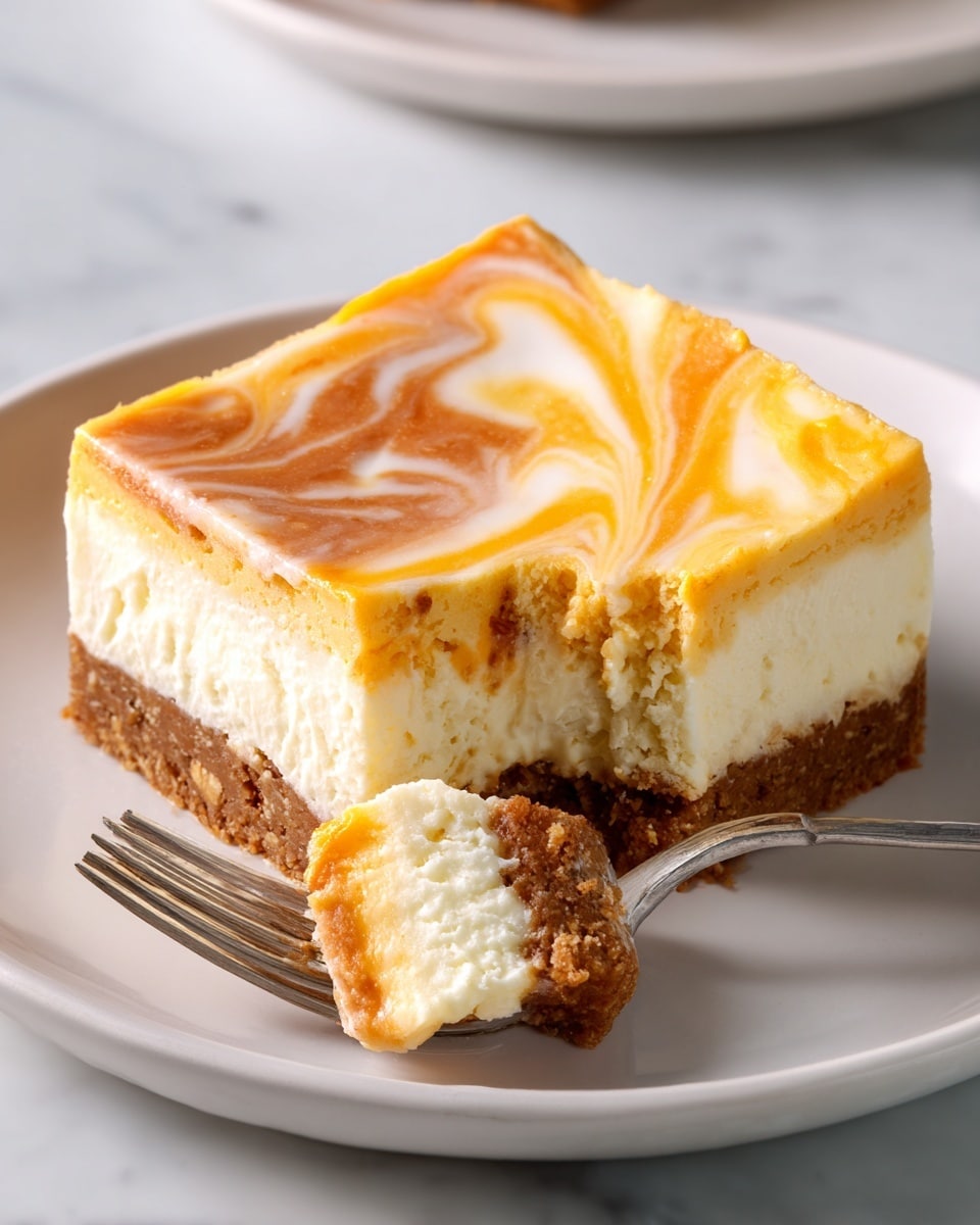 A square slice of cheesecake sits on a white plate on a white marbled surface, showing three distinct layers: a thick brown crumbly base, a thick creamy pale yellow middle layer, and a marbled top layer with swirls of orange and white, giving a smooth and slightly textured look. A fork holds a small bite of the cheesecake revealing the layers clearly, emphasizing the softness and moist texture of the slice. Photo taken with an iphone --ar 4:5 --v 7