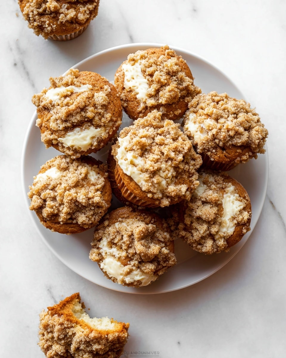 A white plate holds eight muffins arranged closely in a circle, each topped with a crumbly streusel layer. The muffins have two main layers: a light brown bottom part and a creamy white filling that peeks through the middle of some muffins. The crumb topping is uneven, rough, and light brown, covering the muffin top fully. Around the plate, three more muffins sit directly on a white marbled surface, with one showing a small bite revealing the creamy filling inside. The lighting is bright and natural, highlighting the texture of the crumb and the soft muffin layers photo taken with an iphone --ar 4:5 --v 7