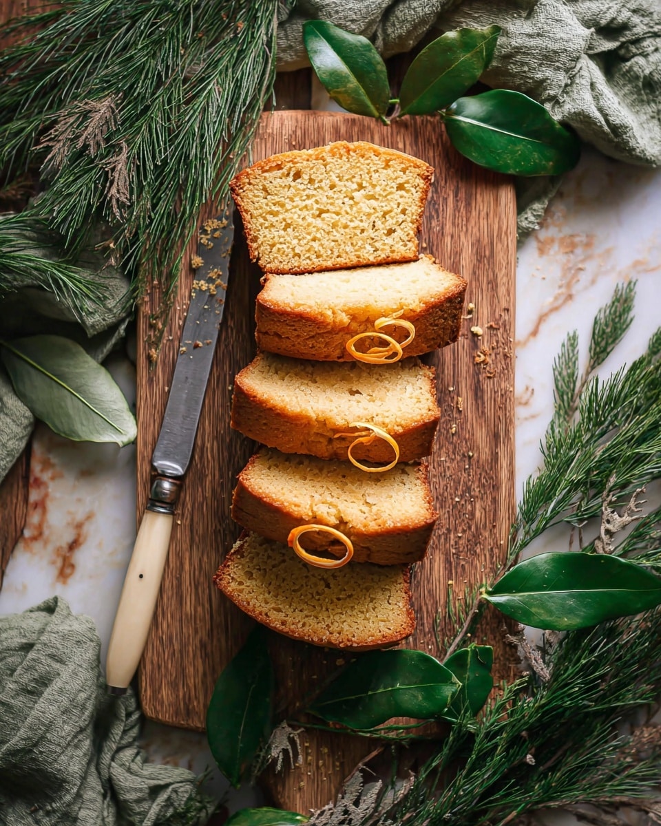 A wooden board holds six slices of golden brown loaf cake arranged in a slightly overlapping line from top to bottom. The top two slices show the soft, porous inner texture, while the middle slices reveal a smooth, slightly darker crust with a thin orange peel spiral placed on one. A small knife with a cream-colored handle lies parallel to the loaf on the left side. Around the board, assorted green leaves and pine branches add natural decoration, resting on a white marbled surface partly covered by a green cloth. Photo taken with an iphone --ar 4:5 --v 7