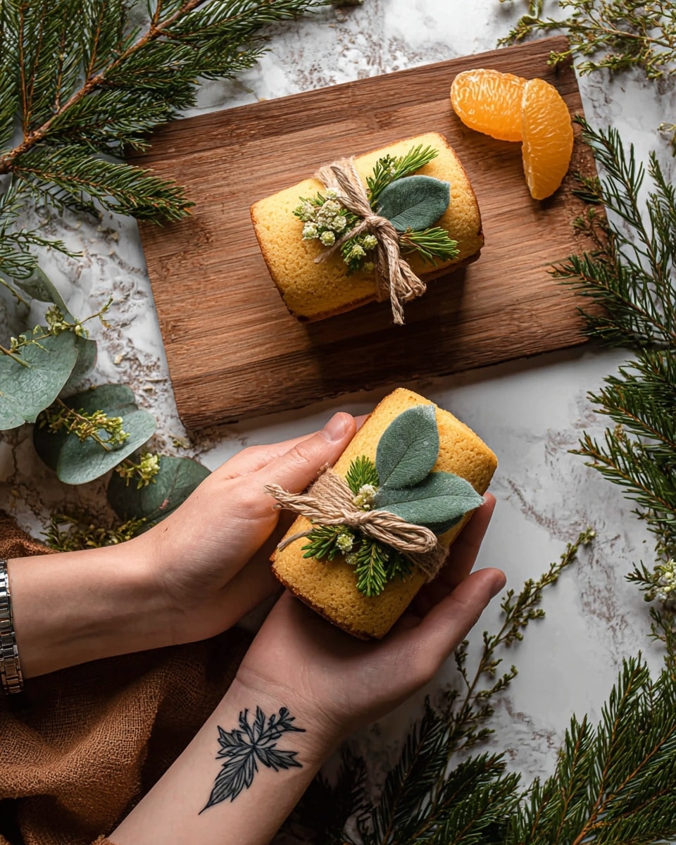Two small golden brown cakes are shown, each tied with natural brown string and decorated with green leaves and small plants. One cake is on a light brown wooden board, decorated with a curled orange peel and a green pine needle branch. The other cake is held by a woman's hands, which show a black leaf tattoo on her wrist, and is decorated with two large green leaves and tiny buds. The background has a white marbled texture with green pine branches scattered around. photo taken with an iphone --ar 4:5 --v 7
