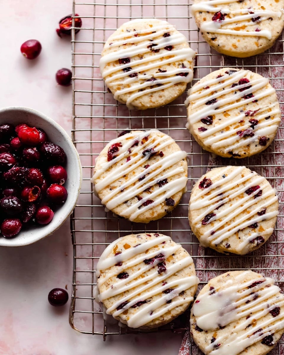 A group of round cookies with a light beige base dotted with dark red bits, resting on a silver wire cooling rack. Each cookie is topped with thin diagonal lines of white icing glaze that add texture and shine. Scattered around the cookies are a few whole dark red cranberries, and to the left is a white bowl filled with more dark red berries. The background is a soft light pink with a white marbled surface beneath the rack. Photo taken with an iphone --ar 4:5 --v 7