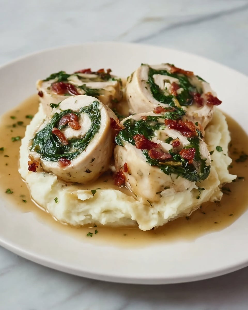 A white plate on a white marbled surface holds a dish with three round chicken rolls standing on a bed of creamy mashed potatoes. Each roll is filled with dark green spinach and small pieces of red bacon, spiraled around the white chicken meat. Light brown gravy is drizzled over the mashed potatoes and rolls, pooling slightly around the edges and adding a glossy finish. The mashed potatoes have a soft, smooth texture with slight lumps and are shaped to give a gentle mound for the rolls to sit on. photo taken with an iphone --ar 4:5 --v 7