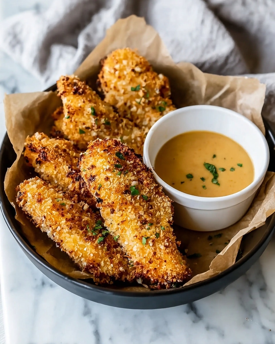 The image shows a black bowl lined with brown paper, filled with four pieces of golden brown crispy breaded chicken tenders, each with a crunchy texture and small green herb leaves sprinkled on top. Next to the chicken tenders, inside the bowl, is a white ramekin filled with creamy light brown dipping sauce. The bowl is placed on a white marbled surface, and a light grey cloth is partly visible in the background. The photo taken with an iphone --ar 4:5 --v 7