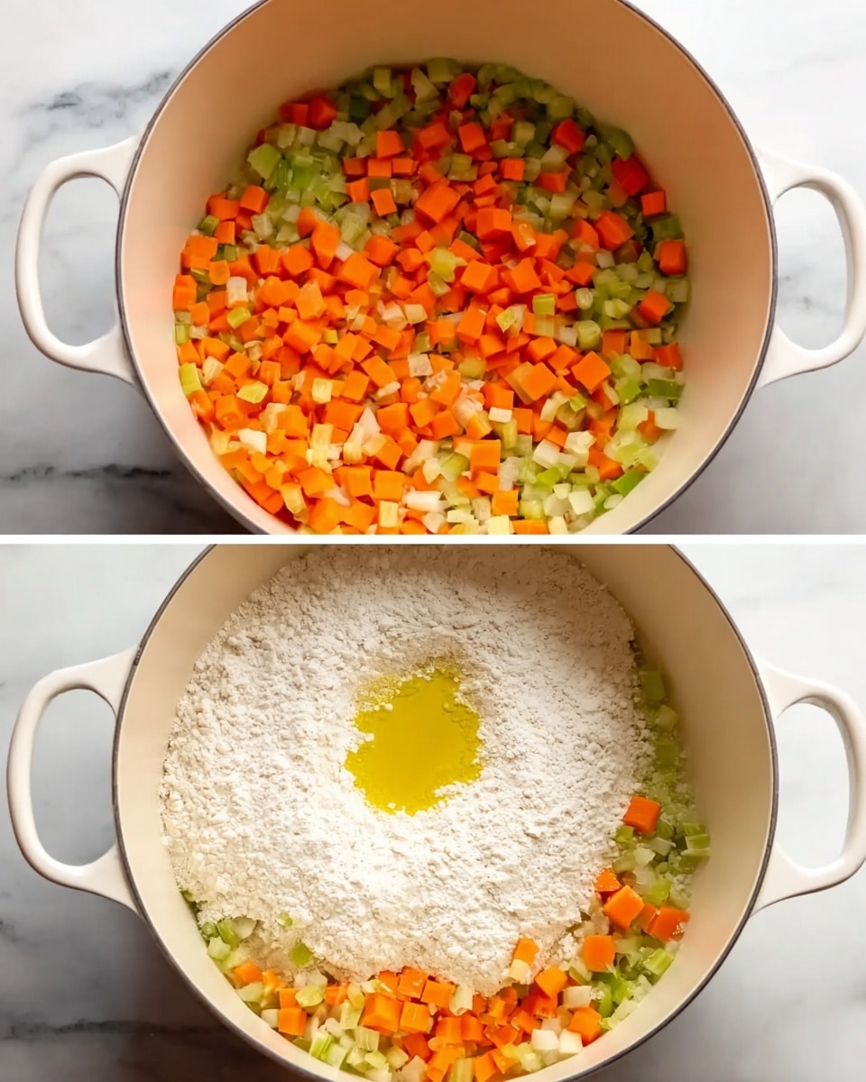 A white deep pot sits on a white marbled surface, filled with two layers of diced vegetables: small orange carrot cubes and small green celery pieces mixed with small white onion bits, all evenly spread inside the pot. In the second image, the same pot shows the same vegetable base but now has a third layer, a mound of white flour with a small well in the middle filled with yellow oil, positioned slightly off-center. The vibrant colors of the vegetables contrast with the white flour, creating a bright and fresh look. Photo taken with an iphone --ar 4:5 --v 7