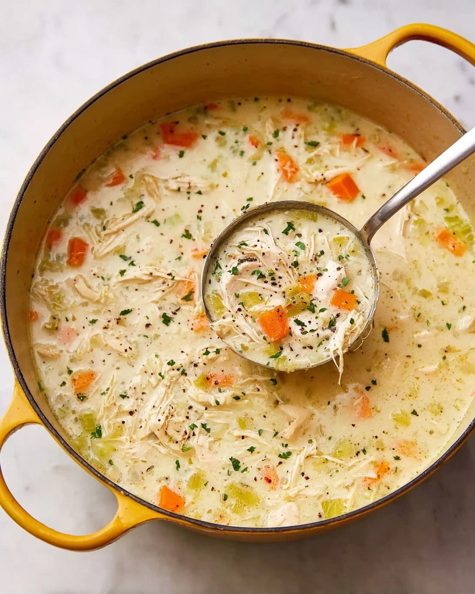 A large yellow pot is filled with creamy chicken soup that has shredded pale white chicken pieces, small orange carrot cubes, small green celery cubes, and small bits of green herbs evenly spread throughout. Black pepper flakes are scattered on the surface, adding a speckled contrast to the light soup. A metal ladle is scooping up some soup showing the texture of the ingredients clearly. The pot sits on a white marbled surface. photo taken with an iphone --ar 4:5 --v 7