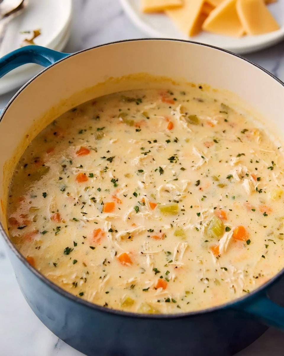 This image shows a close-up of a creamy soup inside a white pot with blue handles, placed on a white marbled surface. The soup has a thick texture with visible small pieces of orange carrots, green celery, and white shredded chicken mixed evenly throughout. There are small flecks of green herbs scattered throughout the pale creamy base. In the background, a white plate with small, pale yellow cheese triangles is partially visible. photo taken with an iphone --ar 4:5 --v 7