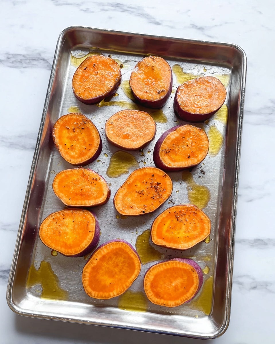 A metal tray holds twelve thick slices of bright orange sweet potatoes arranged in a scattered pattern. Each slice has deep orange flesh with purple skin edges. The slices are drizzled with golden oil that creates shiny highlights and slight reflections on the tray’s surface. The tray rests on a white marbled texture, adding a clean and light background to the image. Photo taken with an iphone --ar 4:5 --v 7