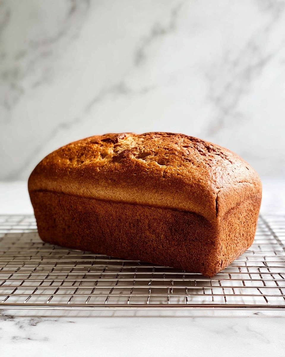 A single loaf of bread with a dark golden brown crust sits on a silver wire cooling rack. The bread has a slightly cracked top with a textured surface, showing some uneven rises and a firm, dense body. The cooling rack is placed on a smooth white marbled surface, and the background is also a white marble texture with soft gray veining. The photo is clear and well-lit, showing the bread from the side at a close angle. photo taken with an iphone --ar 4:5 --v 7