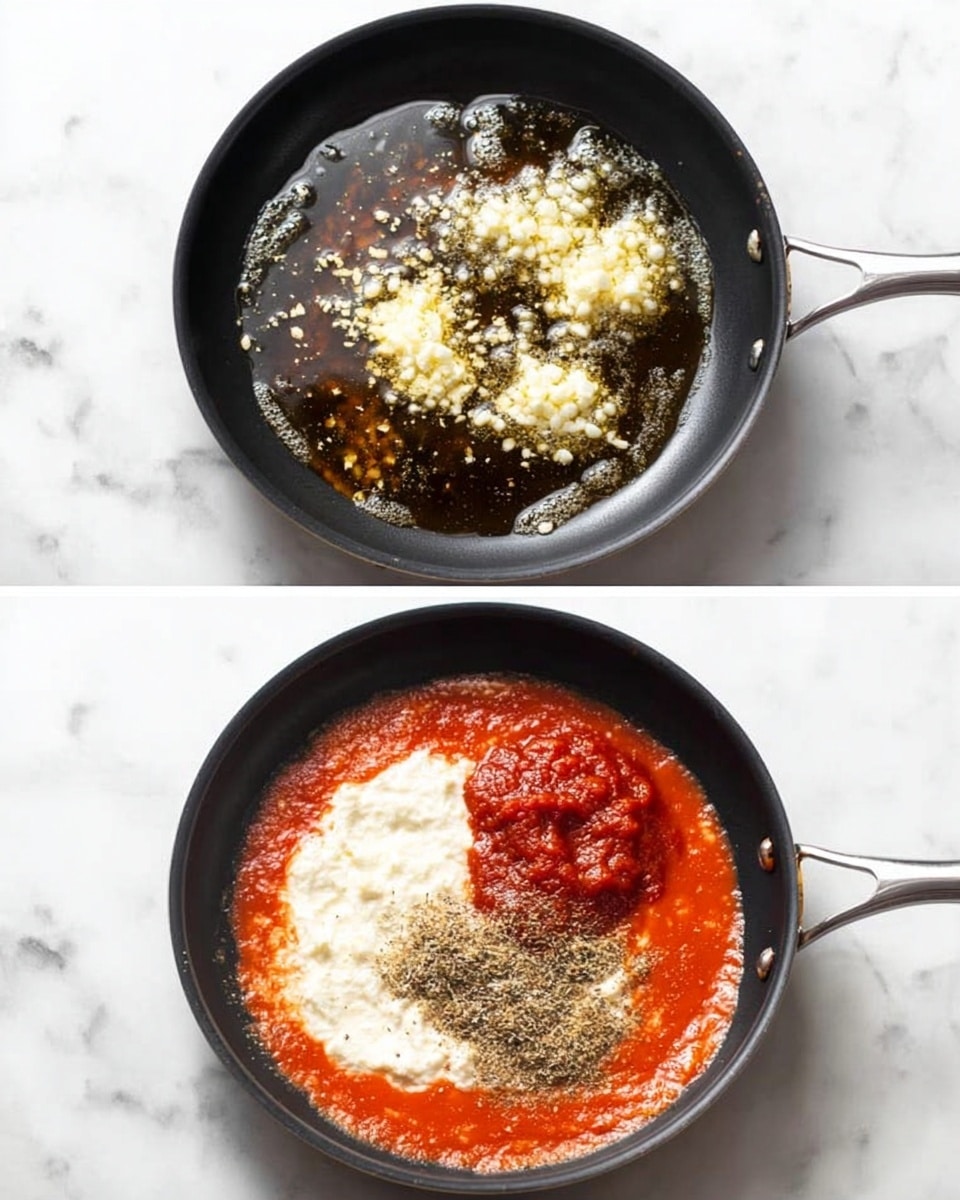 The first image shows a black pan on a white marbled surface, with melted butter and small pieces of minced garlic sizzling in the center, creating a shiny, bubbling texture. The second image features the same pan on the white marbled surface, with a layer of orange-red tomato sauce covering most of the pan. On top of this sauce, there are three distinct piles: a white creamy area on the left, a thick darker red dollop (tomato paste) in the middle, and sprinkled brown herbs on the right. The contrast of the sauce layers and the dark pan is clear and vivid. Photo taken with an iphone --ar 4:5 --v 7