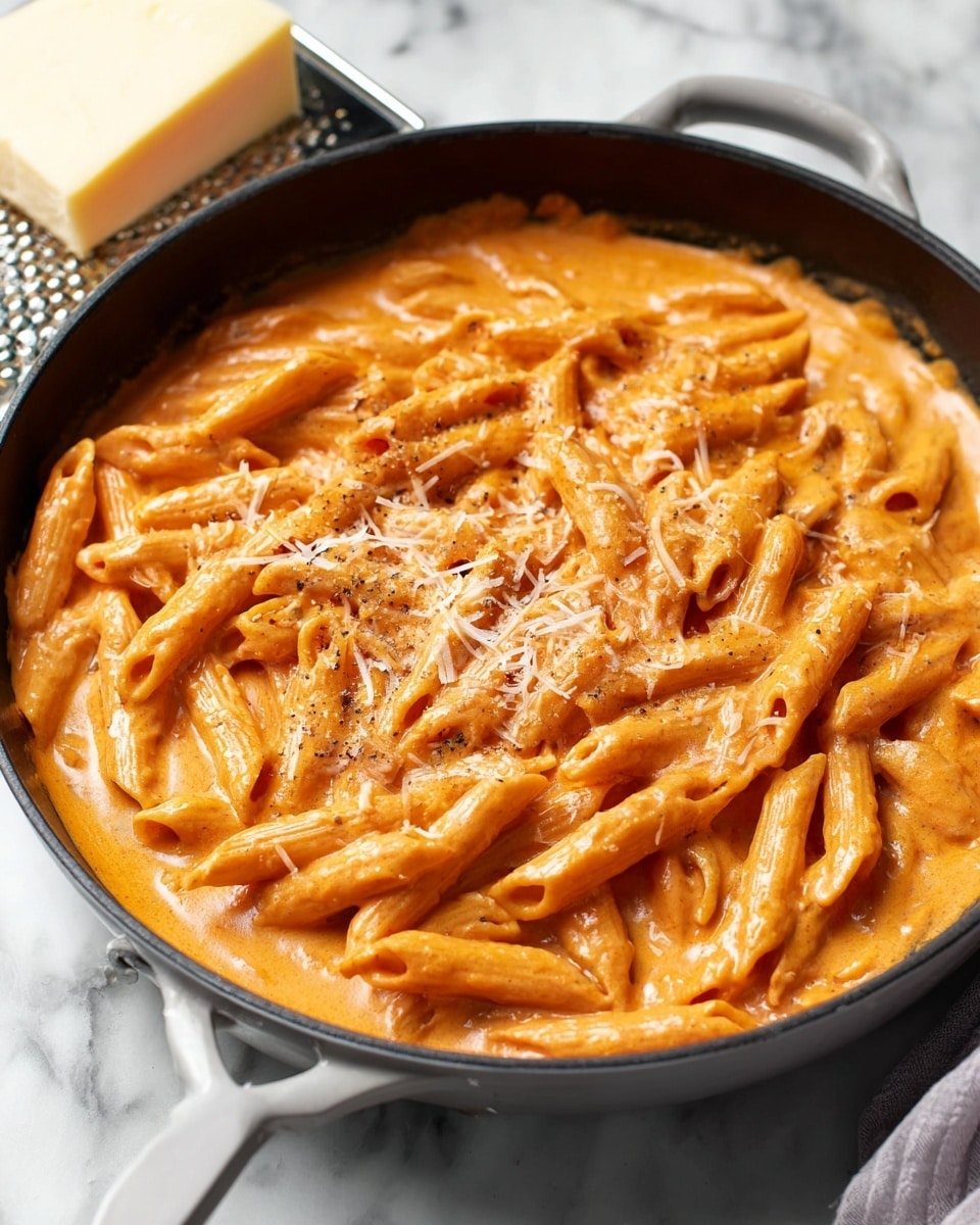 A close-up view of a black skillet with light gray handle filled with creamy orange pasta sauce, covering cooked penne pasta. The sauce looks smooth and thick with slightly shiny texture. The penne pasta is mixed well, showing a few pasta pieces clearly on top, coated in sauce. Some finely grated cheese is sprinkled sparsely on top of the pasta. The skillet sits on a white marbled surface with a block of pale yellow cheese and a grater partially visible nearby. Photo taken with an iphone --ar 4:5 --v 7