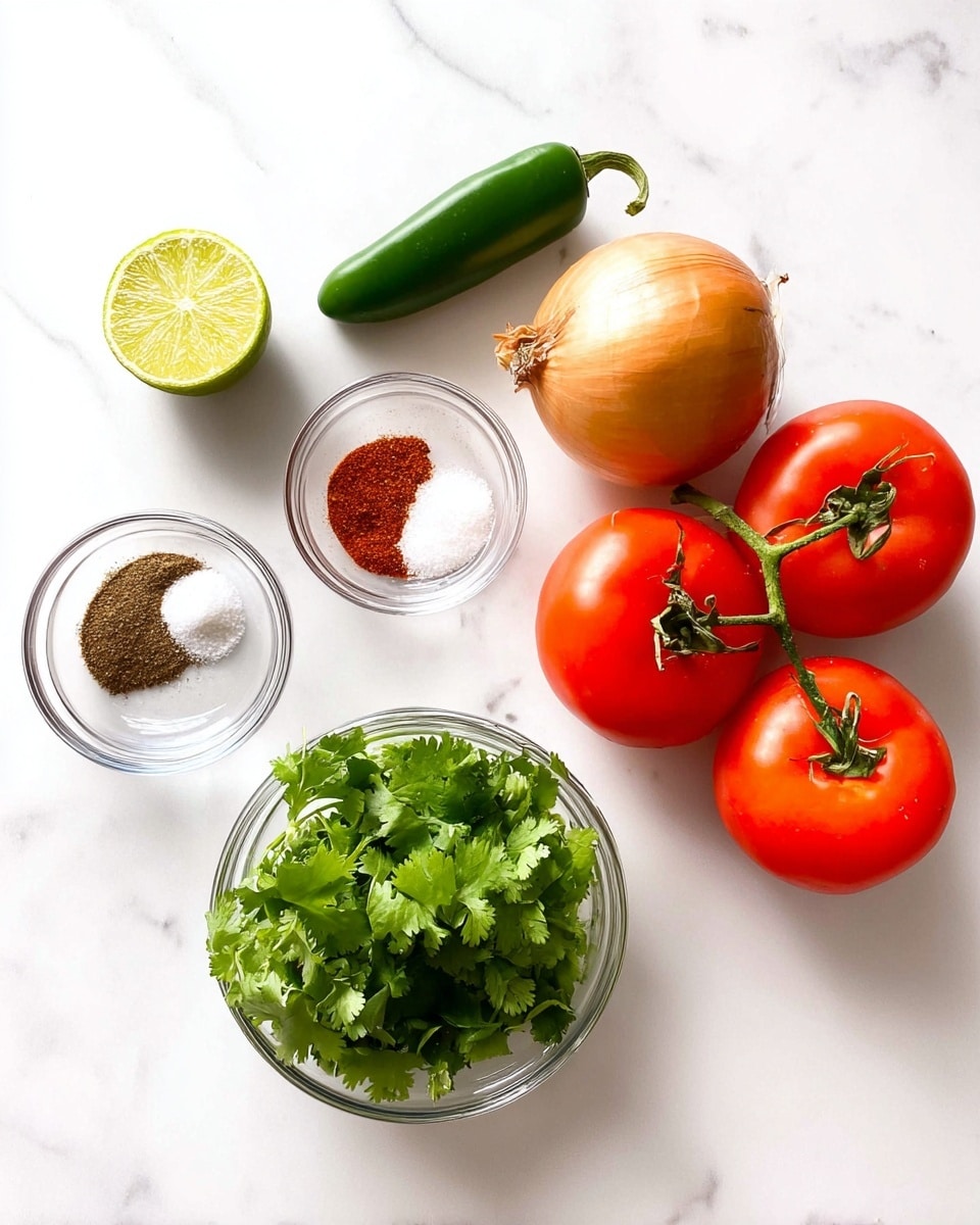 The image shows fresh ingredients arranged neatly on a white marbled surface, including three bright red tomatoes still attached to their green vine on the right, a round golden onion to their left, and a long, smooth green jalapeño pepper placed above the onion. A halved lime with a yellow-green interior is positioned in the top left corner. Below the lime are three small clear glass bowls holding different spices: a dark brown powder, a reddish-brown powder, and white powders including salt. At the bottom left, a clear glass bowl is filled with fresh, leafy green cilantro. The setup is clean and bright, highlighting the natural colors and textures of the ingredients. Photo taken with an iphone --ar 4:5 --v 7