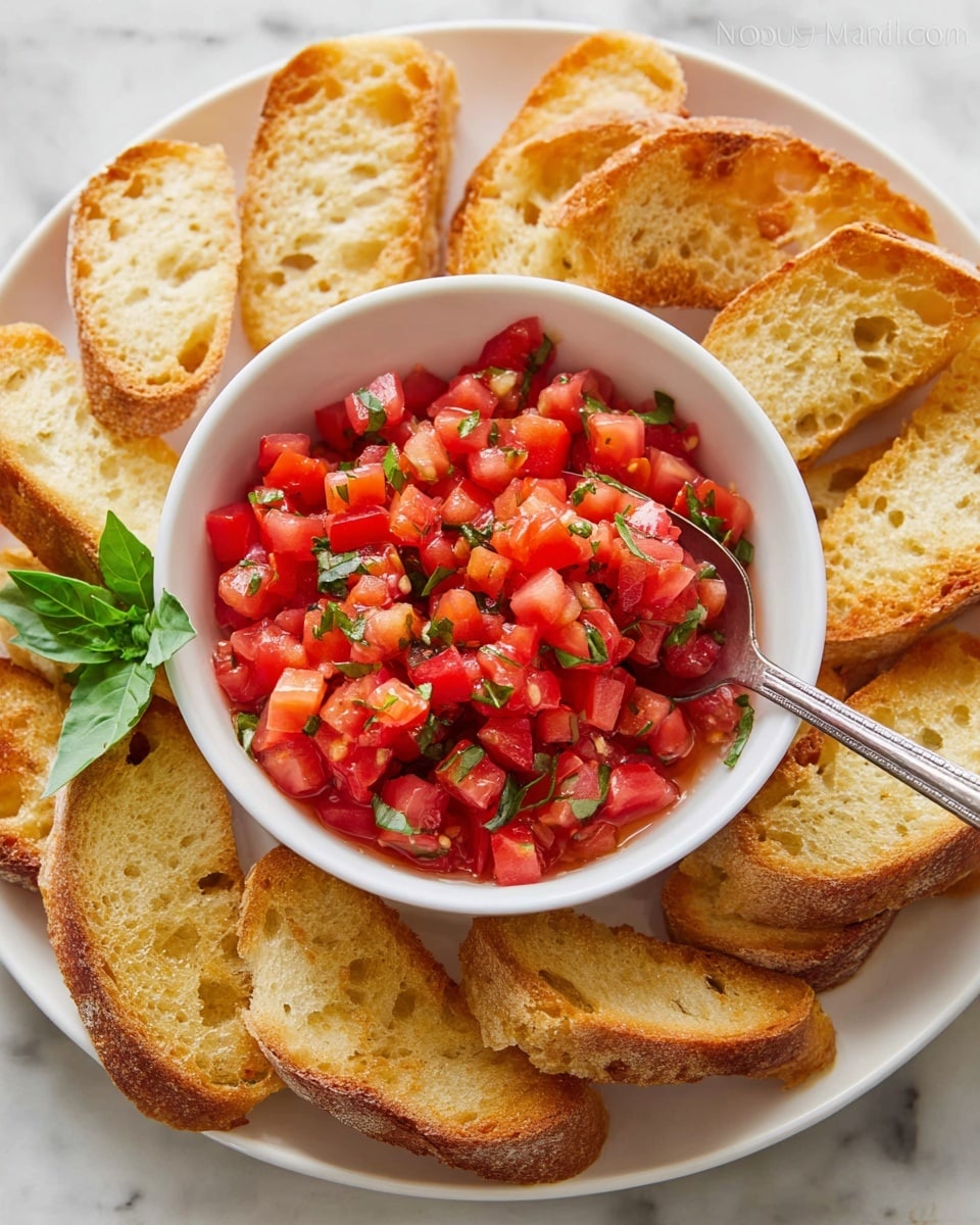A white bowl filled with bright red diced tomatoes mixed with small green basil leaves is placed at the center of a white plate. The tomato mixture looks juicy and fresh, with a spoon resting inside the bowl on the right side. Around the bowl, there are many slices of toasted bread with a golden brown crust and a slightly rough texture. The whole setup is on a white marbled surface, and a small green basil leaf garnish rests on the left edge of the bowl. Photo taken with an iphone --ar 4:5 --v 7