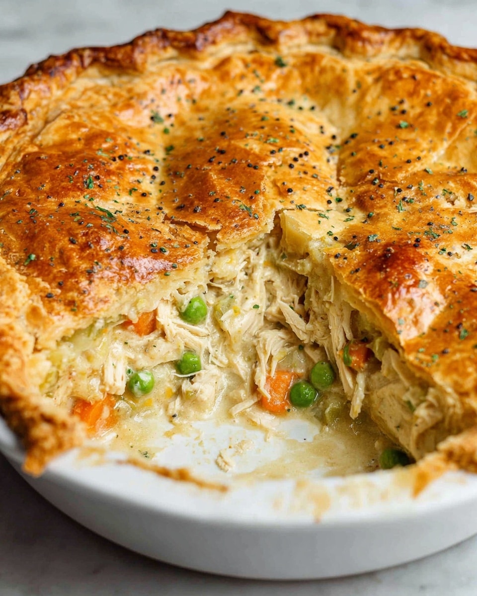 A golden brown pie with a crimped top crust showing a glossy texture with some black pepper and green herb sprinkles, sitting in a white pie dish on a white marbled surface. The upper crust is thick and flaky, slightly puffed. A wedge is missing from the pie, revealing the inside with shredded white chicken mixed with bright green peas and small orange carrot cubes in a creamy light beige sauce, layered just under the top crust. The edges of the crust are thick and crumbled slightly on the dish sides. Photo taken with an iphone --ar 4:5 --v 7