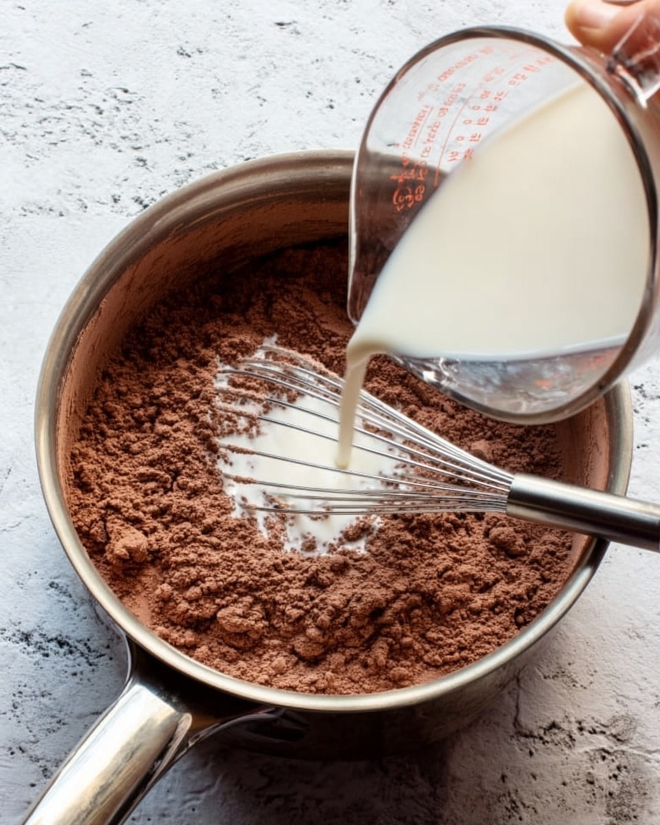 A close-up image shows a silver metal saucepan with a dry chocolate powder mixture inside. A metal whisk is resting in the mixture, with the handle leaning against the pan. A clear measuring cup held by a woman's hand is pouring a white liquid into the center of the chocolate powder. The background and surface feature a white marbled texture. photo taken with an iphone --ar 4:5 --v 7