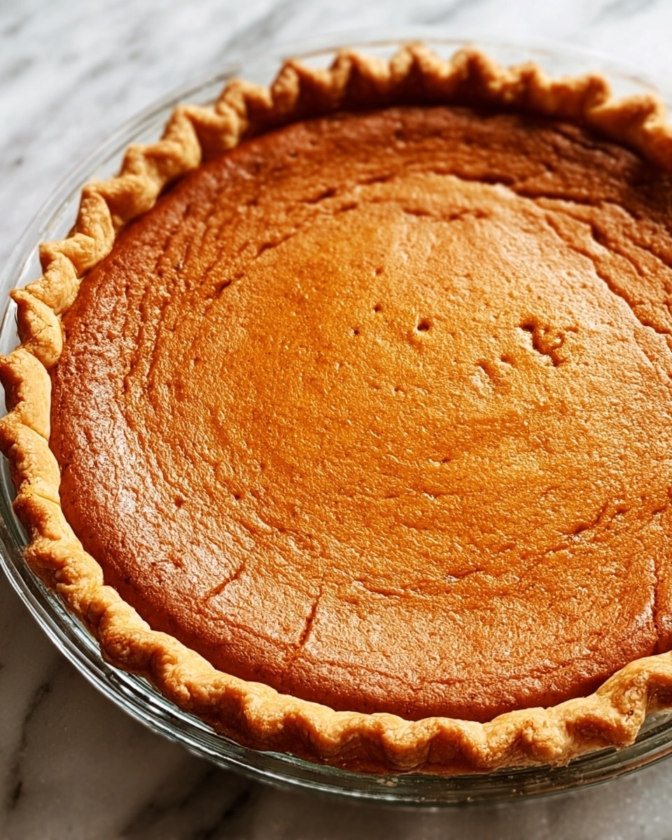The image shows a single-layer pumpkin pie with a smooth, slightly cracked top layer of deep orange filling. The crust is golden brown, thick, and has a carefully crimped edge all around, sitting firmly in a clear glass pie dish. The pie rests on a white marbled surface, highlighting the warm colors of the pie. Photo taken with an iphone --ar 4:5 --v 7