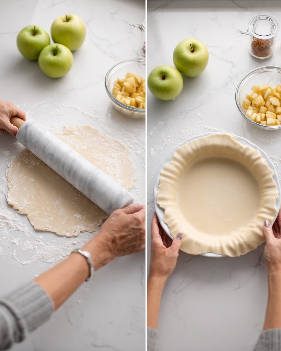 Two images side by side show the process of making pie dough on a white marbled surface. On the left, a woman’s hand is rolling out dough with a white and gray marble rolling pin, spreading it into a thin, even flat circle dusted lightly with flour. In the background, there are three green apples and two clear glass measuring cups filled with chopped yellow fruit. On the right, the same dough is lifted by both the woman's hands and molded into a round white pie dish, with the dough edges hanging over the side, ready to be filled. The background still has the apples, glass cups, and a small jar of cinnamon. Photo taken with an iphone --ar 4:5 --v 7