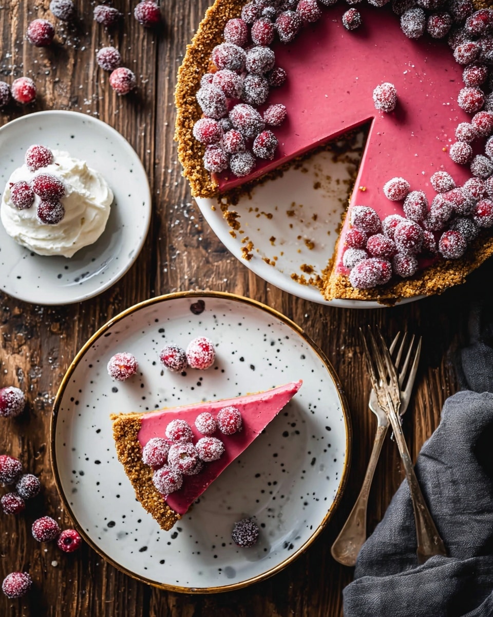 The image shows a pie with a thick, crumbly golden-brown crust holding a smooth, bright pink filling on top. The pie is topped with many sugared cranberries, which are small, round, and covered with white sugar, creating a frosted look. One slice is taken out and placed on a white plate with small black specks and a thin gold rim, and the slice is also decorated with sugared cranberries. Another slice on a plain white plate has a dollop of white whipped cream beside it and is decorated with more sugared cranberries. The background is a dark wood surface with some scattered cranberries and two forks nearby. Photo taken with an iphone --ar 4:5 --v 7