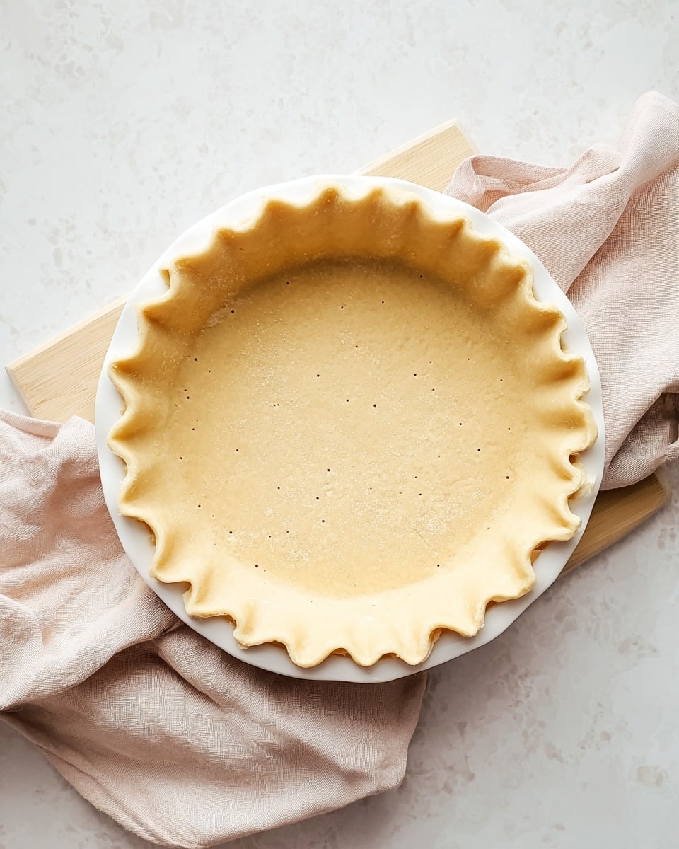 A round, unbaked pie crust sits in a white pie dish, showing a smooth, pale golden dough with tiny fork holes evenly spaced across the base. The edges of the crust are crimped neatly, creating a wavy border around the dish. The pie dish rests on a light wooden board that is partly under a soft, light beige cloth, all set on a white marbled surface. Photo taken with an iphone --ar 4:5 --v 7