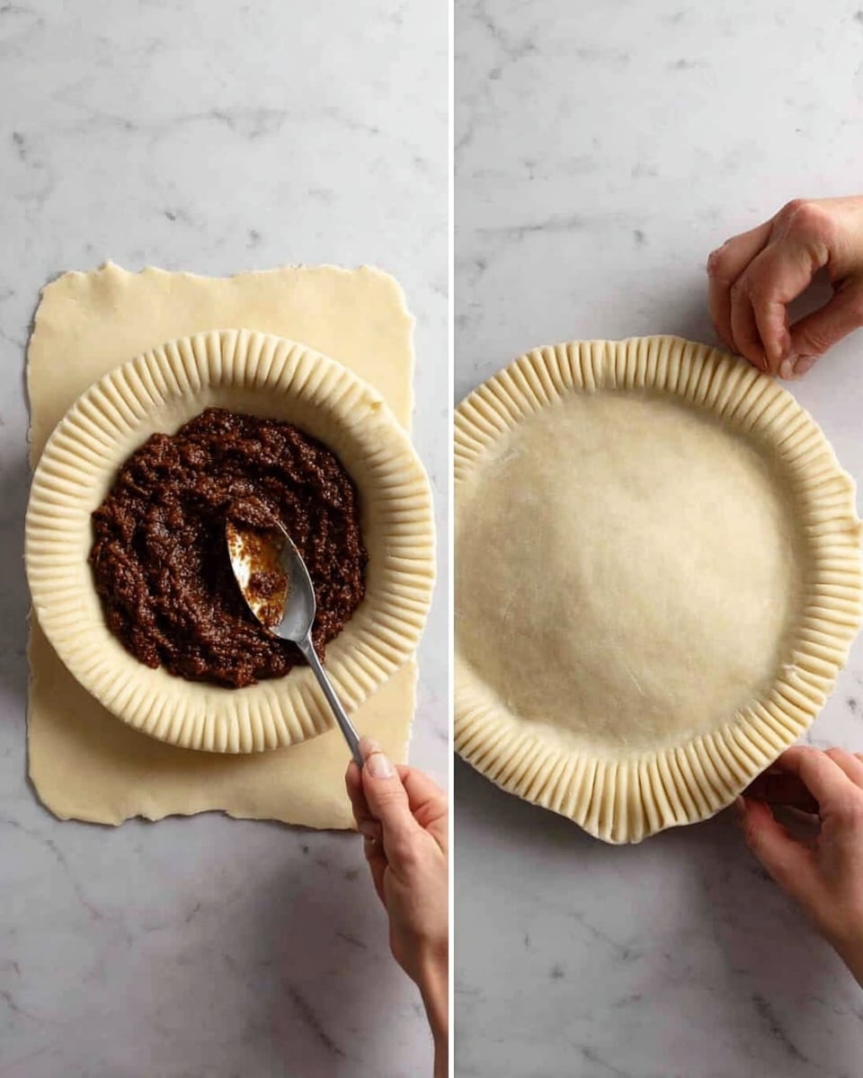The first image shows a white square dough sheet placed flat on a white marbled surface, filled in the center with a dark brown, thick, lumpy filling being spooned onto it. The second image shows the same dough shaped into a round pie with its edges pressed firmly using a woman's hands, creating a ridged pattern around the edge. The dough is smooth and light beige, contrasting with the textured white marbled background. Photo taken with an iphone --ar 4:5 --v 7