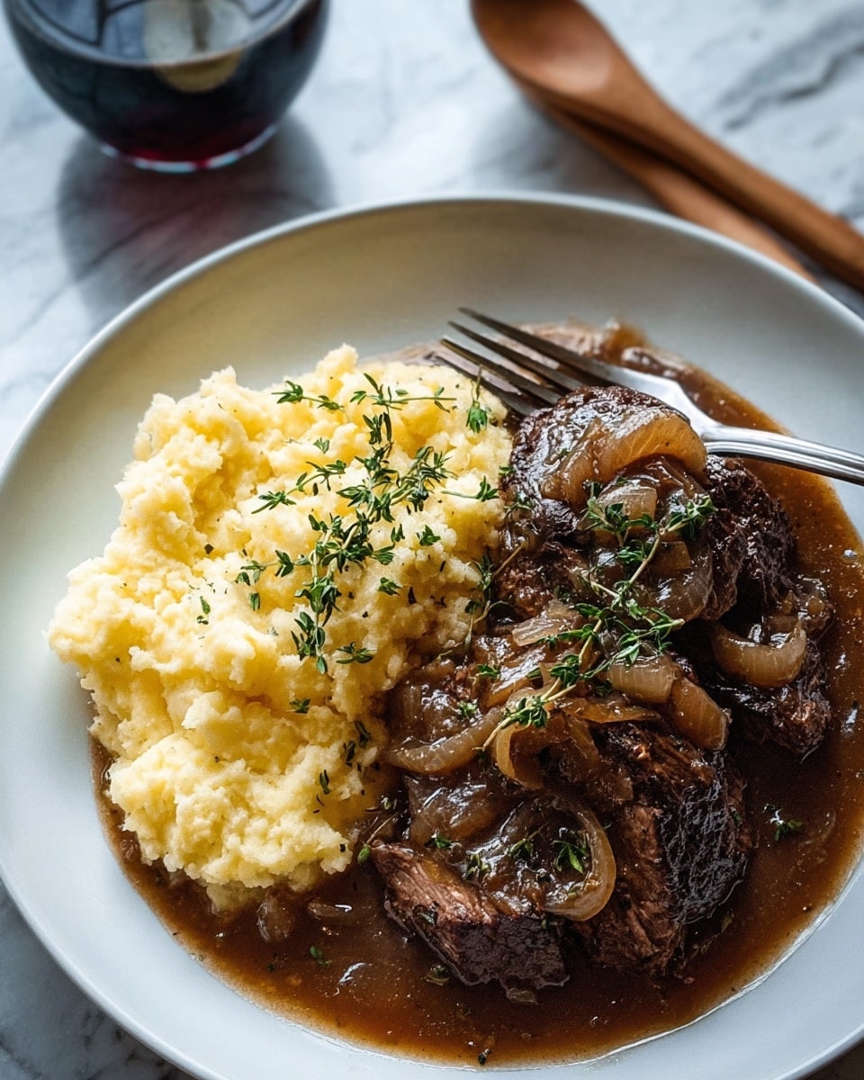 A white plate holds two main parts: on the left, a fluffy mound of light yellow mashed potatoes topped with small green thyme sprigs, and on the right, thick slices of dark brown cooked meat covered in rich brown gravy with cooked translucent onion slices scattered over it. The meat is garnished with fresh green thyme sprigs laid on top. A silver fork lies on the plate near the meat. The plate sits on a white marbled surface, with a blurred glass of dark red wine and wooden spoon in the soft-focus background. Photo taken with an iphone --ar 4:5 --v 7