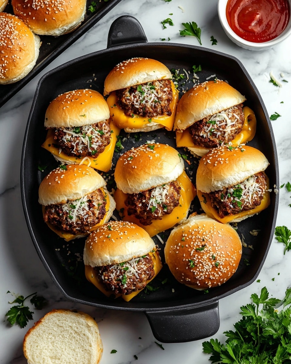 The image shows small round sliders with a shiny, golden brown top bun sprinkled with tiny green herb leaves. Each slider has two layers: a fluffy, light beige bottom bun that holds a melted bright orange cheese layer, topped with a juicy, browned meat patty. One slider is open, showing the gooey melted cheese stretching slightly. The sliders rest on a white plate, with some fresh green herbs scattered around the plate's base. The whole scene is set on a white marbled texture. photo taken with an iphone --ar 4:5 --v 7